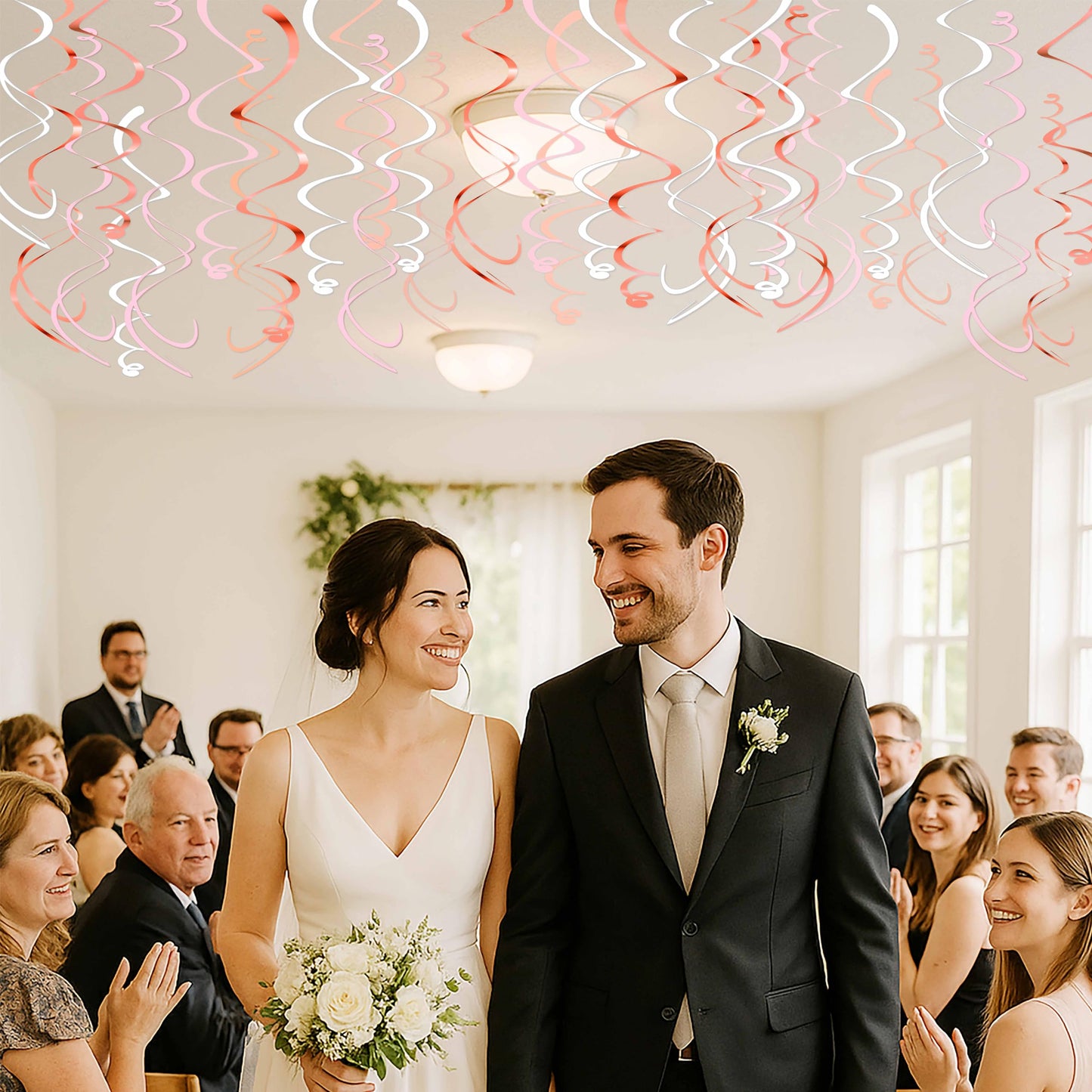HonuGoGo Pink Hanging Swirl Decorations for Party – 42PCS Rose Gold Foil Ceiling Streamers with Hooks for Birthday, Bridal Shower, Bachelorette, Holiday Celebrations