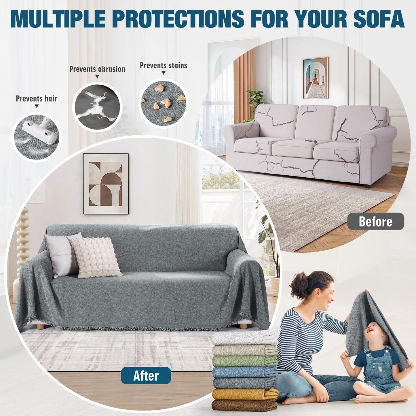 KinCam Couch Covers for 3 Cushion Couch Sofa Cover Washable Sectional Couch Cover for Dogs Tassel Sofa Blanket Cover Pet Friendly Soft and Durable for Most Furniture(71" x 134", Grey)