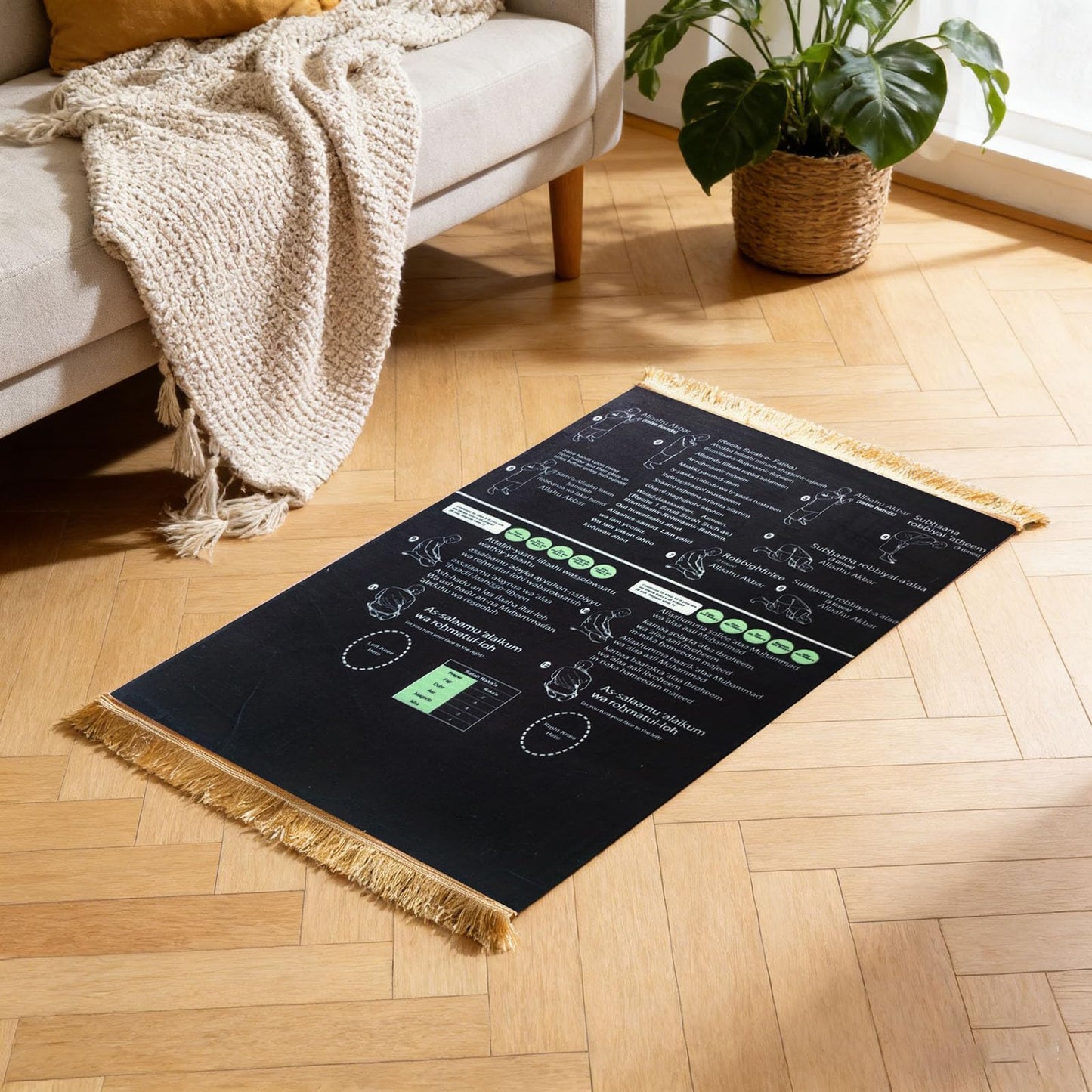 Read in English and say it in Arabic Guided Prayer Mat, Non-Slip Educational Janamaz for New Muslims, Reverts & Kids Learning Prayer - Large Spiritual Gift (Black, 65x110cm)
