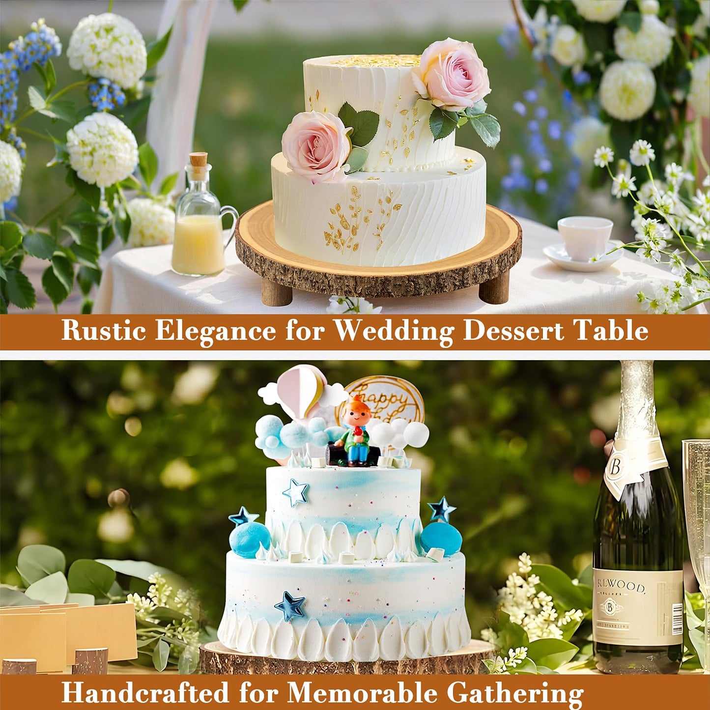 SogYupk Rustic Wood Cake Stand - 11-13 Inch Wooden Slice with Legs for Elegant Wedding, Birthday, & Woodland-Themed Parties（1Pcs）