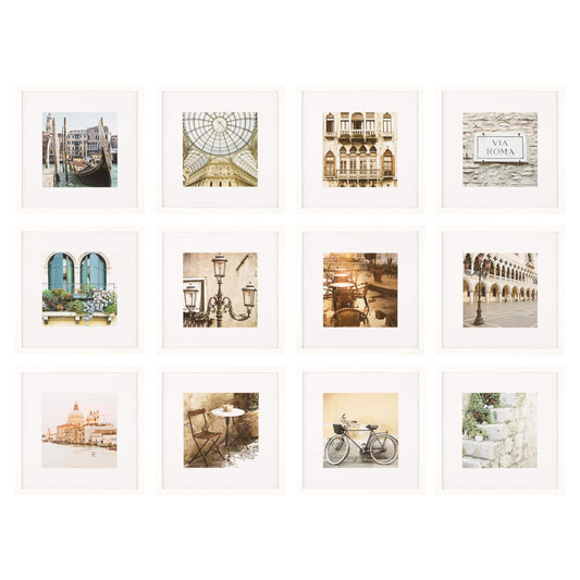 Gallery Perfect - 12-Piece White Square Photo Frame - Set with Hanging Template - Wall Gallery Kit - 16.5"x10.2"x16.7" - Square Wall Mount - Complete Set - Galley Wall - Picture Frame Set
