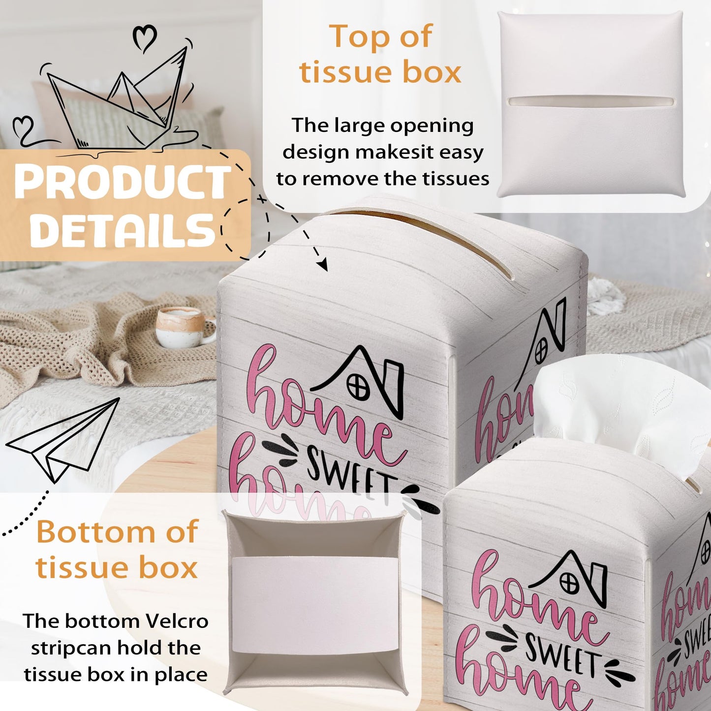Home Sweet Home Tissue Box Cover, PU Leather Tissue Box Holder Square with Bottom Belt, Facial Paper Organizer Dispenser Toilet Paper Holder for Bathroom Kitchen Office Decor-A22