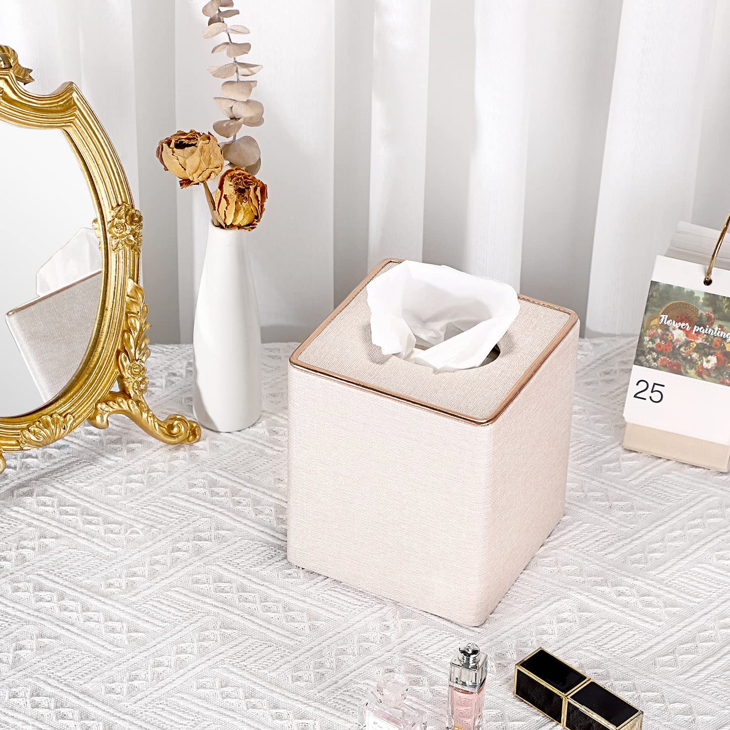 Sumnacon Square Linen Tissue Box Cover - Stylish Cube Tissue Box Holder with Magnetic Bottom, Decorative Tissue Box for Vanity Toilet Tank Dresser Night Stand Table Countertop Office Car, Beige