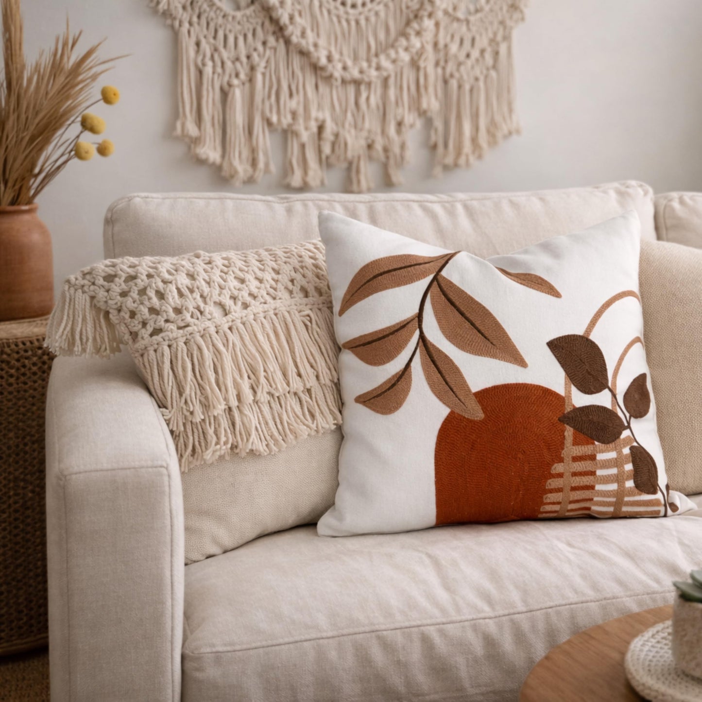 AYAY Decorative Velvet Throw Pillow Cover 18x18 Inch – Off White with Brown & Rust Embroidered Abstract Design, Warm Neutral Boho Accent Cushion, Hidden Zipper, Cover Only