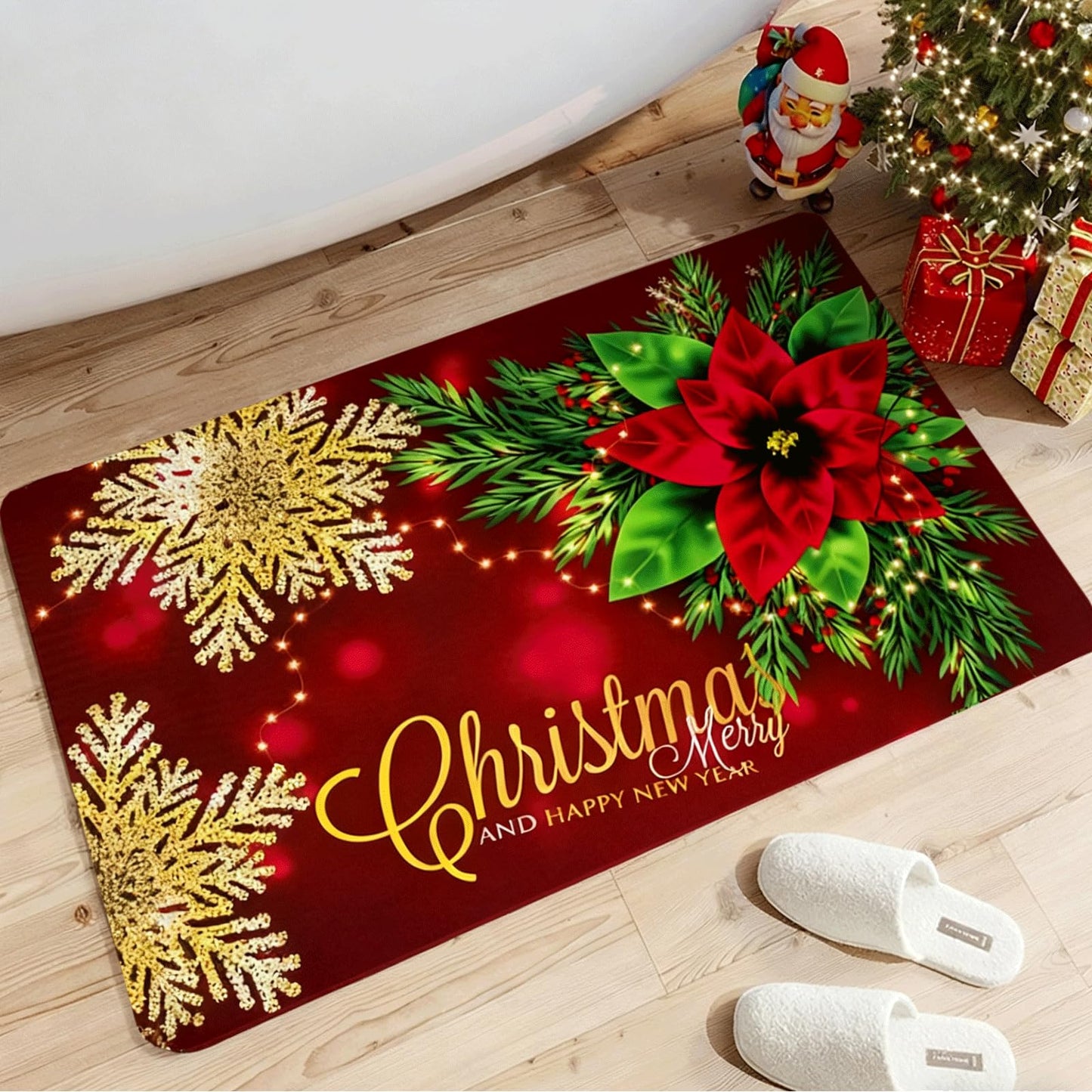 Christmas Door Mat 17x30 Inches, Non-Slip Silicone Holiday Floor Mat with Festive Design for Indoor & Outdoor, Washable Kitchen Bathroom Entryway Mat