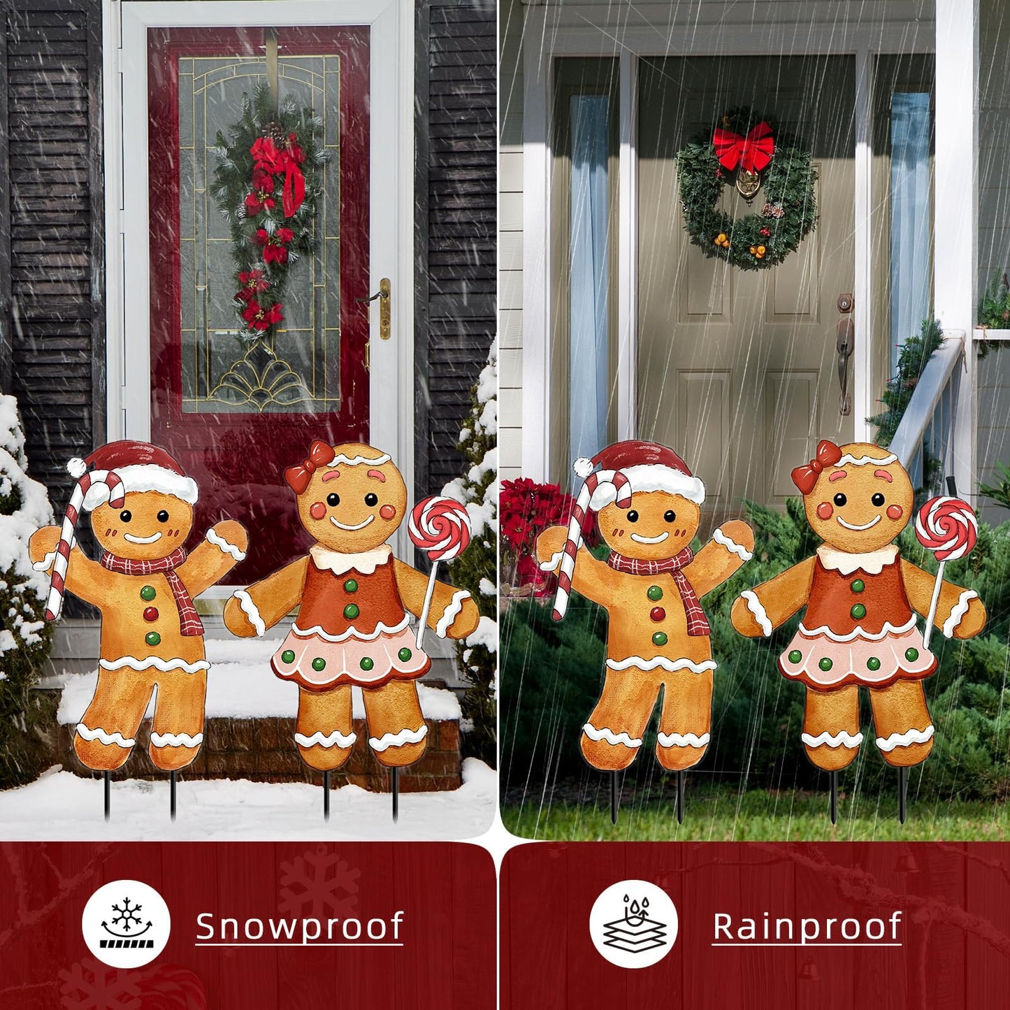 Christmas Decorations Outdoor, 2Pcs Gingerbread Man Metal Yard Signs with Stakes, Xmas Winter Signs for Garden House Lawn Pathway Patio Outside