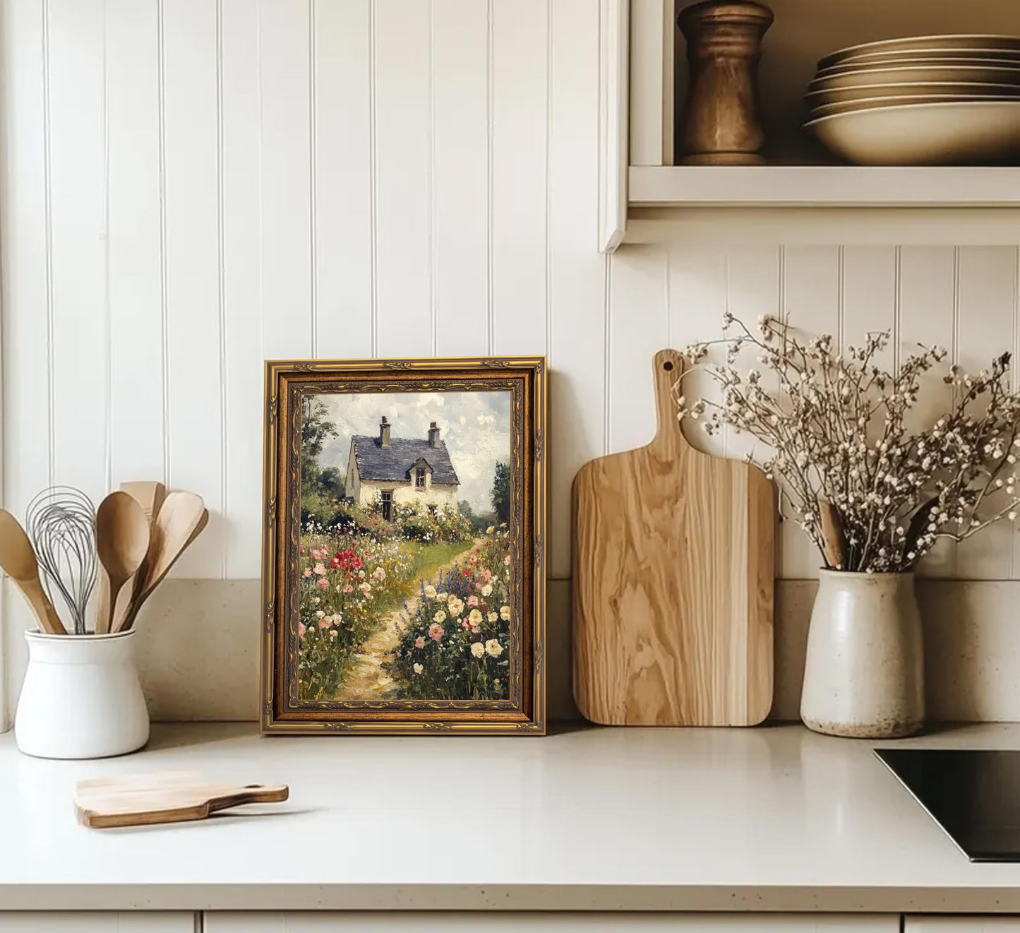 3D Textured Canvas Wall Art Vintage Carved Gold Frame Vintage Country Farmhouse Wildflower Nature Floral Relief Poster Print Artwork for Bedroom, Bathroom, Living Room Office Home Decor
