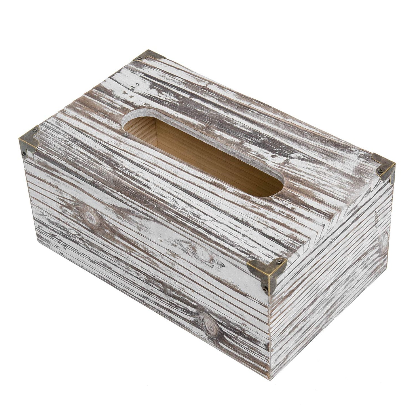 Liry Products Rustic Dark Brown Distressed Wood Facial Tissue Paper Box Metal Corner Brackets Hinge Lid Top Cover Holder Standard Size Rectangular Napkin Dispenser Bathroom Kitchen Bedroom