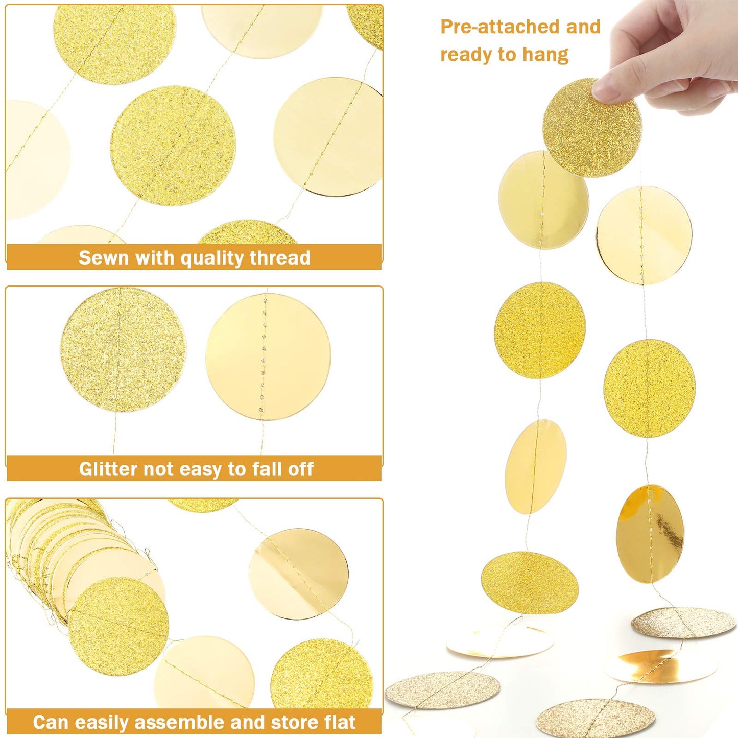 Syhood 10 Pcs Party Decorations Paper Dot Circle Garlands Glitter Streamers Hanging Banner Decor for Graduation Baby Shower Wedding Birthday Backdrop Supplies (Gold)