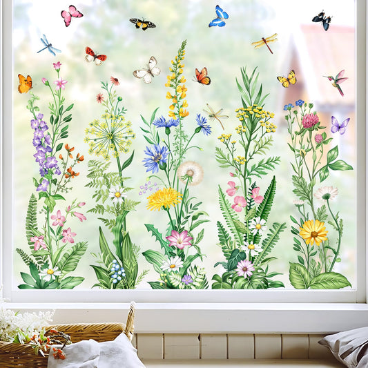 Tanlaby Wild Flower Window Clings Spring Floral Grass Wildflower Window Stickers with Butterfly Green Plant Static Window Decals for Home Glass Doors Decor