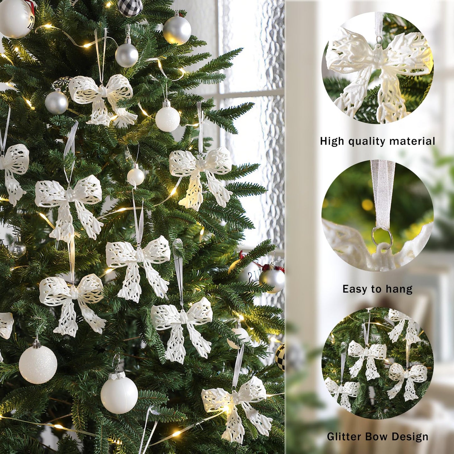 Thyle 12 Pcs Glitter Christmas Bow Ornaments for Christmas Tree Decorations 3.94'' White Shiny Wreath Bows Pendant Xmas Tree Hanging Ornaments for Holiday Winter Home New Year Party Decorations