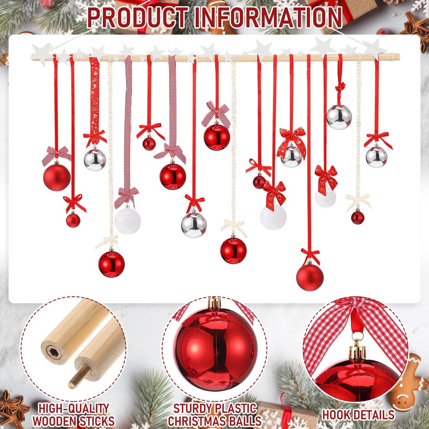 Suncalla 18 Pcs Christmas Wall Hanging Decor with Light Wooden Branch Christmas Plastic Balls Bow Xmas Wall Art for Home Ceiling Indoor Holiday Party Supplies Decor