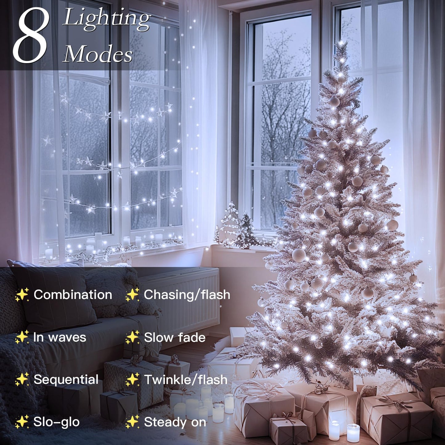 Soagrc 66FT 200 LED Christmas Tree Lights, Bright Cool White Outdoor Christmas String Lights for House, Fairy Lights with 8 Modes, Waterproof & Durable Indoor Outdoor Decor, Timer Included