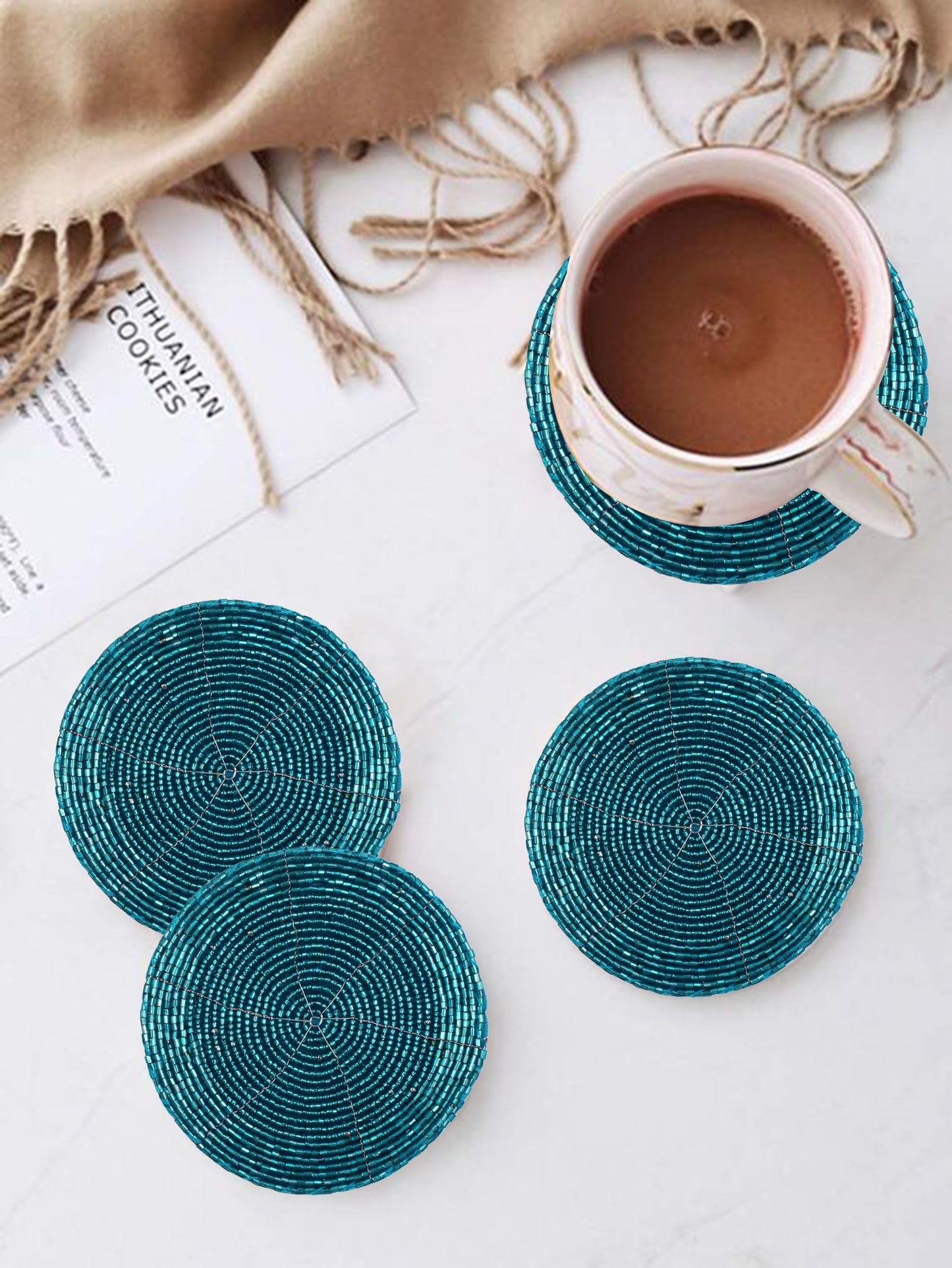 Handmade Beaded Coasters Set of 6, Teal Blue Circular Pattern Decorative Drink Coasters for Coffee Table, Dining Room Table, Wedding Party, Birthday Gift - 4 Inch - Teal