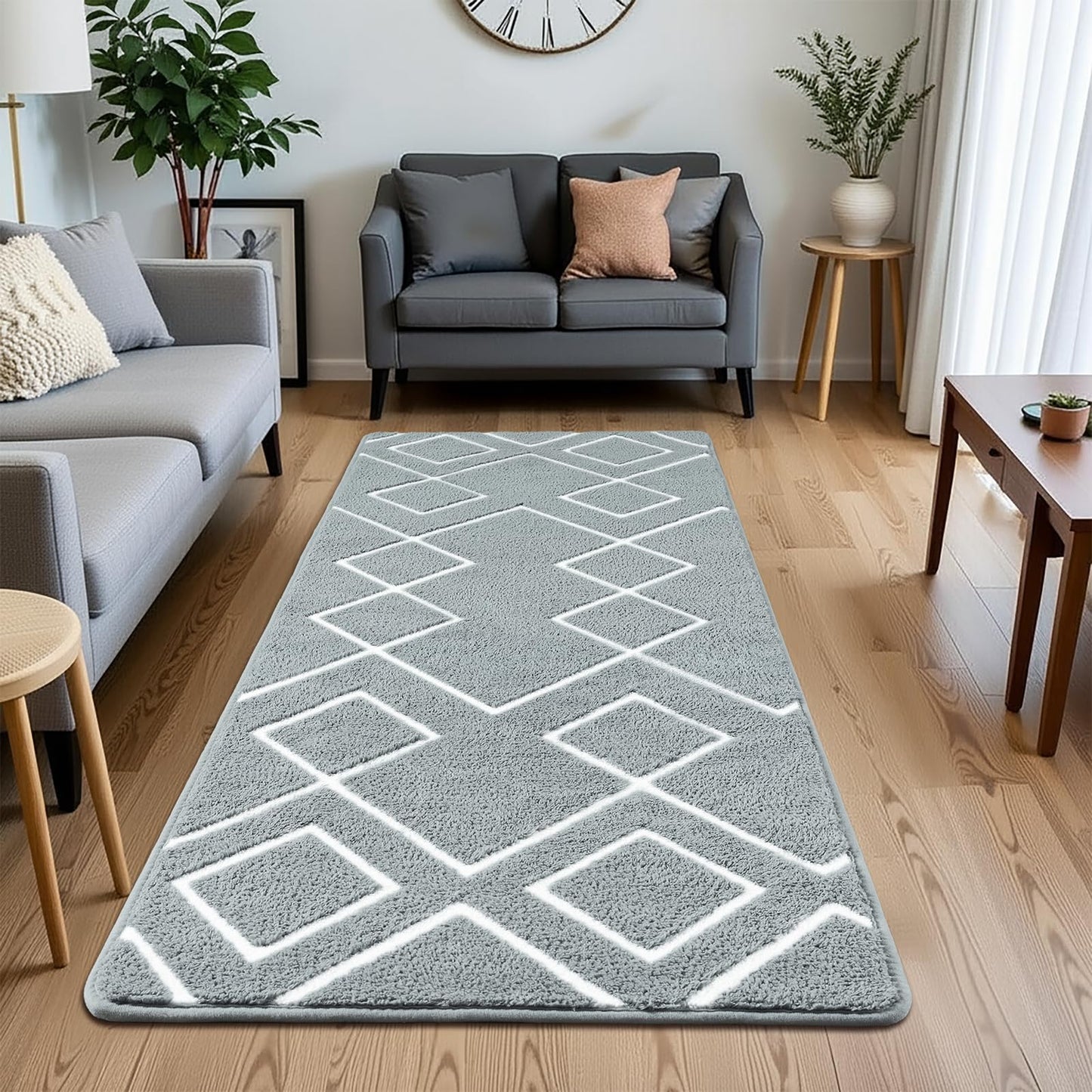 Rtizon Soft Runner Rug, 2x6Ft Moroccan Non-Slip Carpet for Bedroom, Geometric Small Area Rugs with Memory Foam for Living Room Office Bedside Dorm Hallway, Grey and White