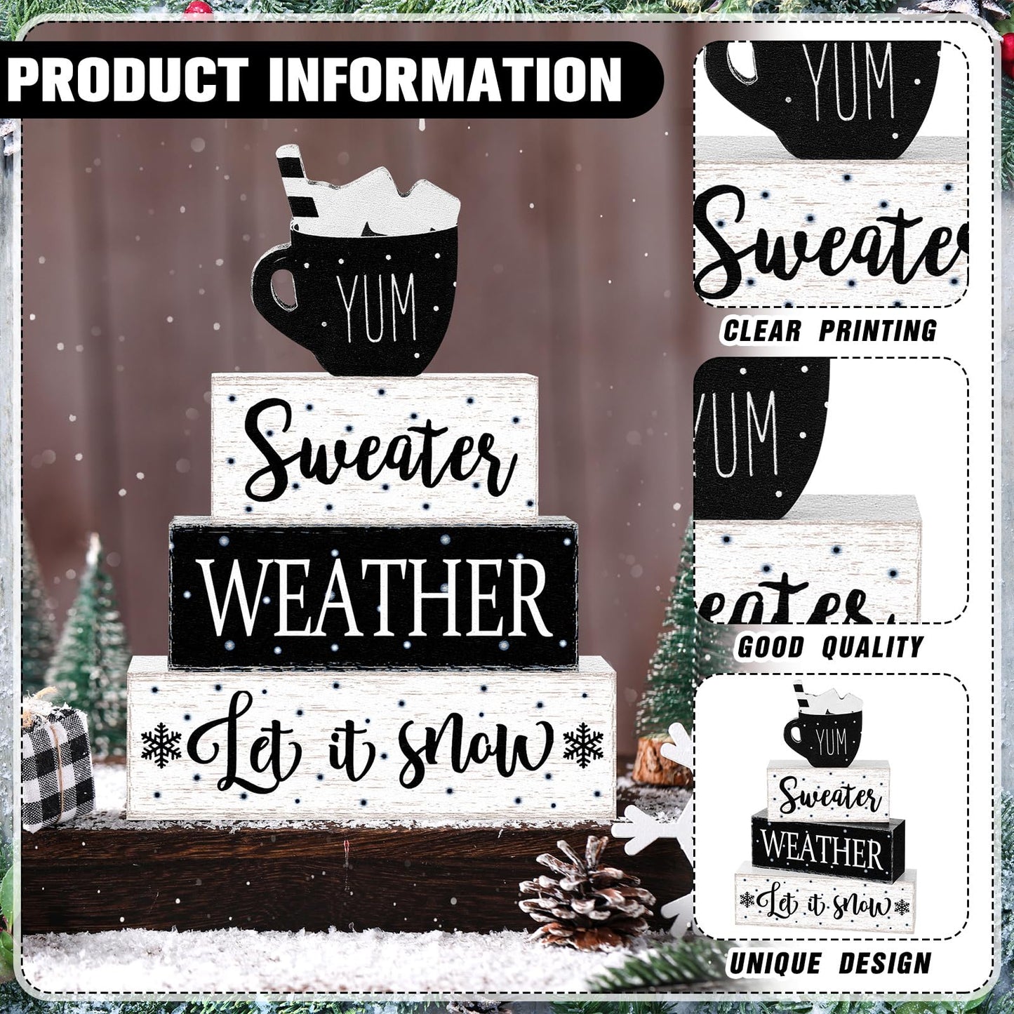 Marsui 4 Pcs Winter Wooden Tabletop Decor Rustic Hot Cocoa Block Sign Gift Farmhouse Christmas Tiered Tray Centerpiece Winter Decor for Home Office Desk Shelf Mantel