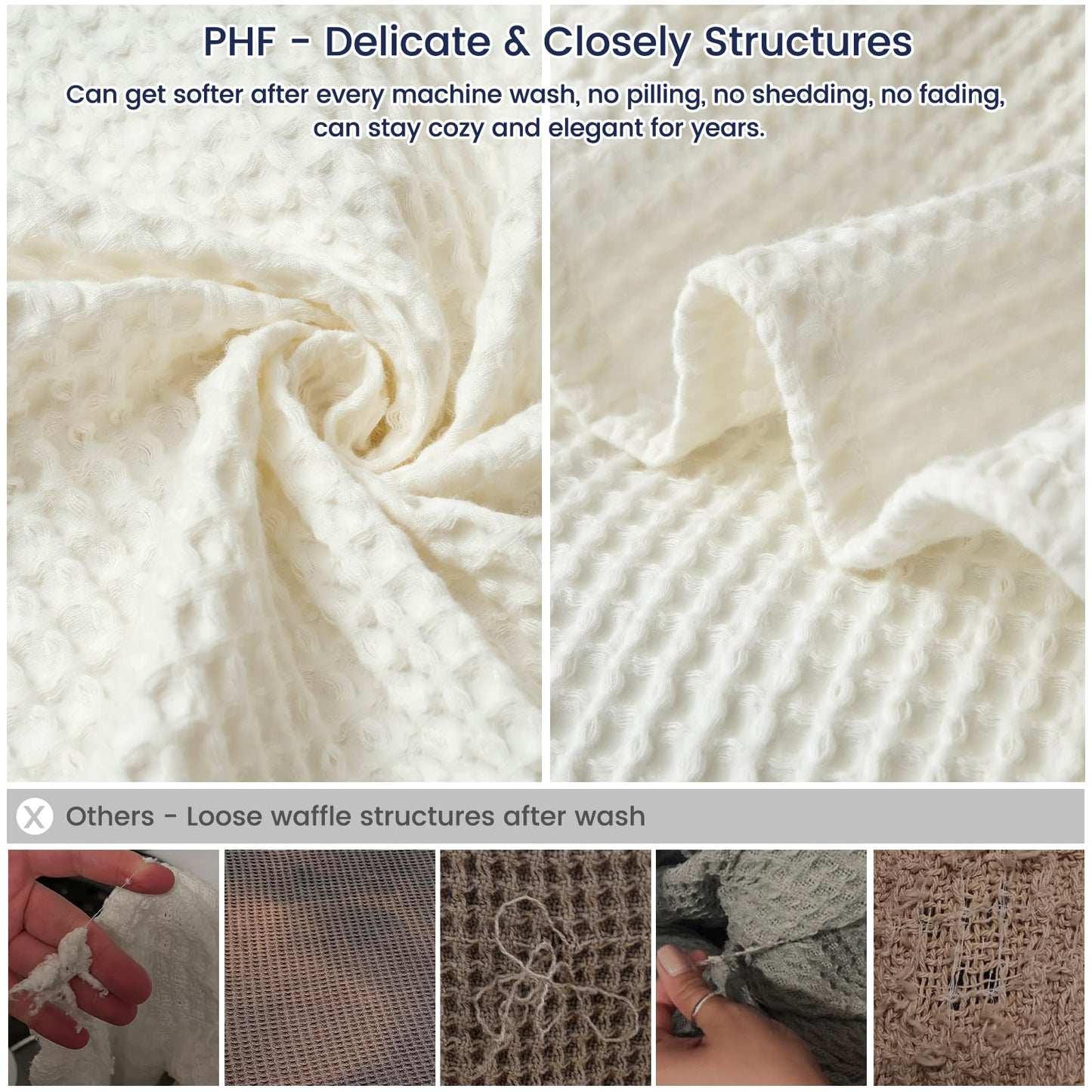 PHF Pre-Washed Cotton Waffle Weave Blanket Throw Size for Couch Bed,Snag Proof Spring Summer Lightweight Breathable,Oeko-TEX Certified,Machine Washable, Home Decor Gift，Cream