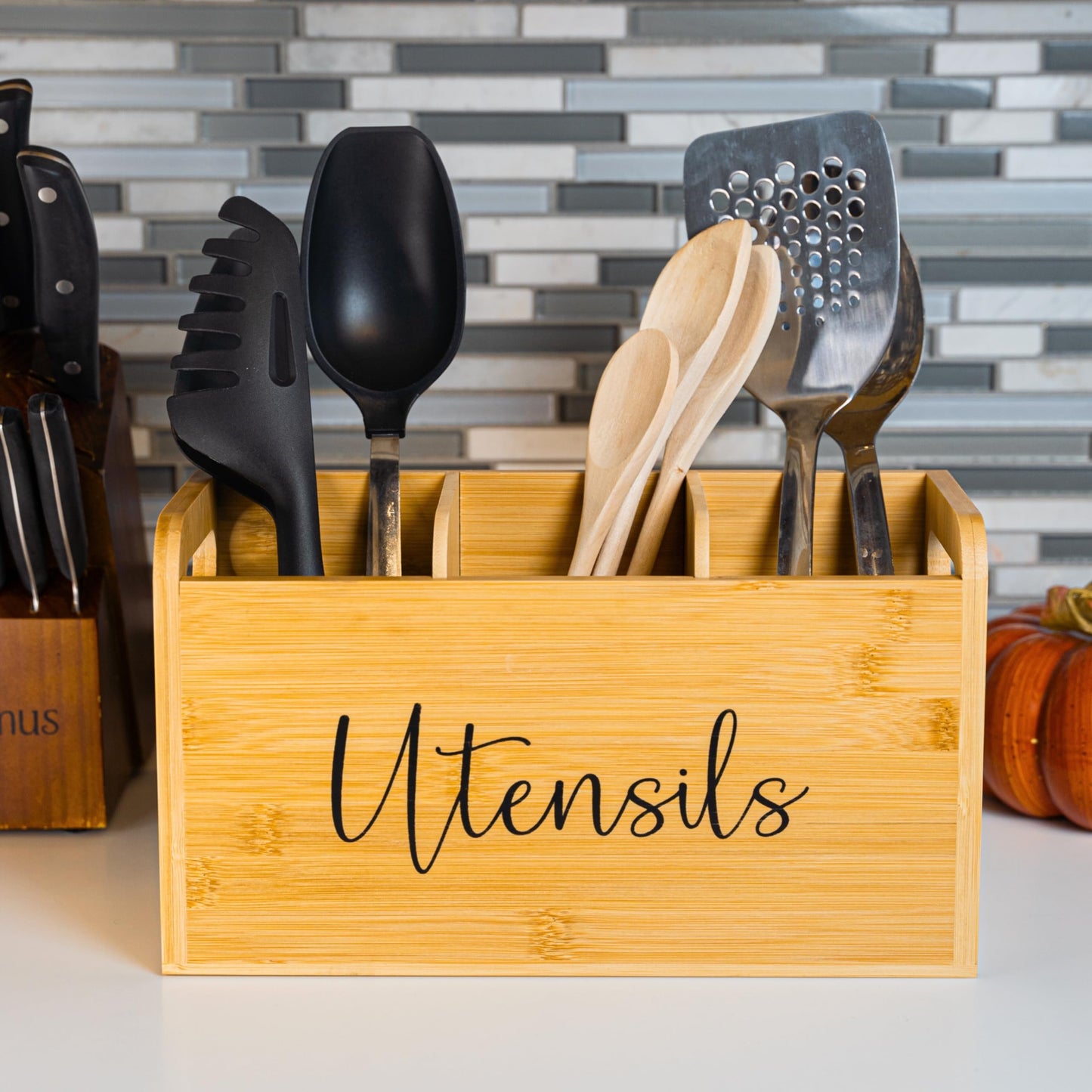 Bamboo Kitchen Utensil Holder for Countertop – Large 3-Compartment Organizer & Caddy with Drain Holes, Farmhouse Utensil Holder for Kitchen Counter, Rustic Wood Storage for Spoons & Spatulas