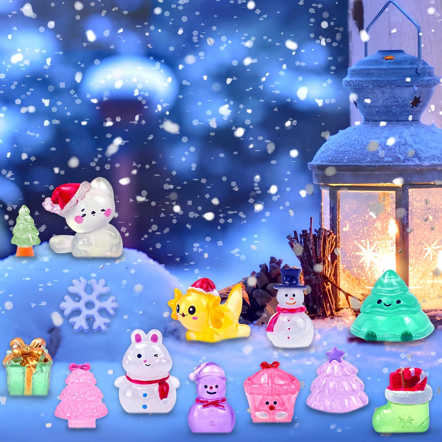 Feivando 52 Pcs Luminous Mini Christmas Figurines Glow in The Dark Tiny Little Resin Snowman Miniature Figures for Xmas Holiday Crafts Garden Micro Landscape Party Home Table Decor