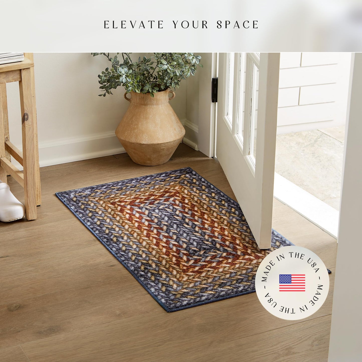 Maples Rugs Marion Bohemian Braided-Style Print Area Rug – Made in USA – Washable, Non-Slip Low-Profile Indoor Throw Rug for Foyer, Kitchen & Bathroom, 34" x 20", Multi-Color