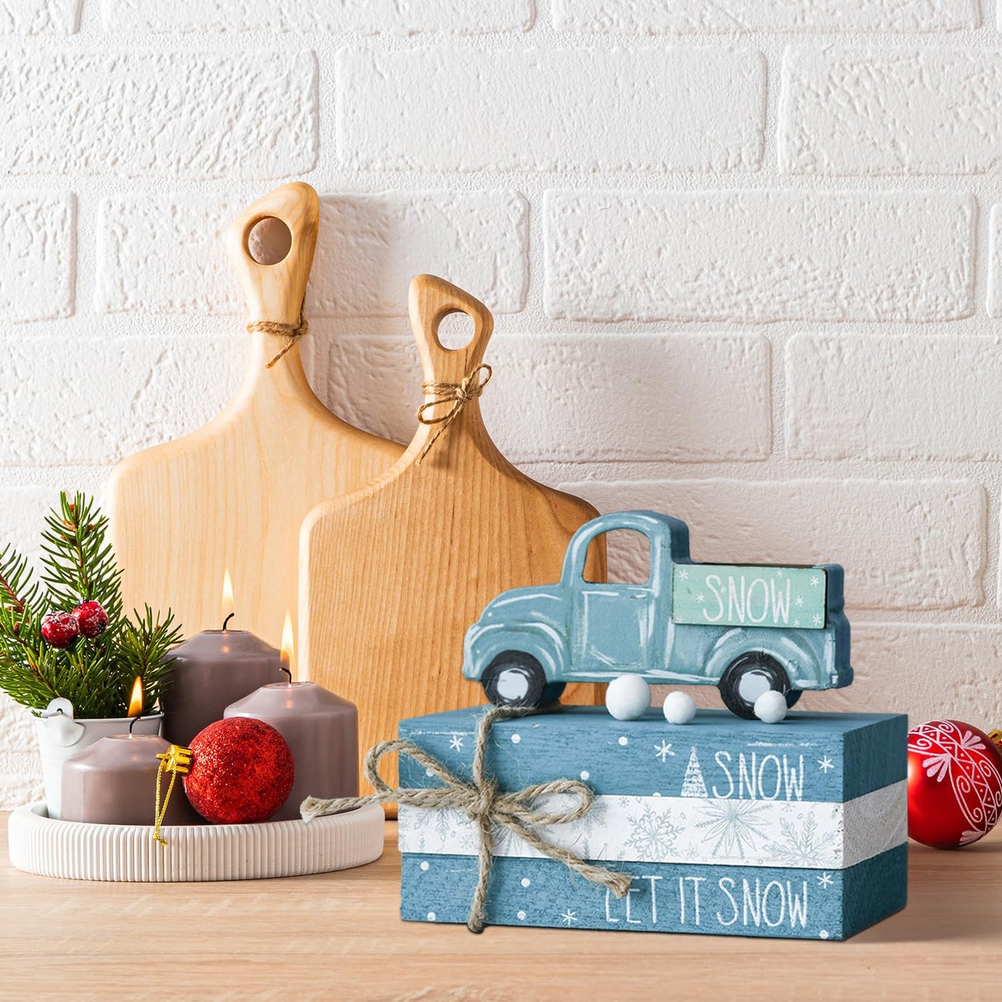 Smile Christmas Wooden Books Stack, Let it Snow Faux Books Bundle, Car Tiered Tray Decorations, for Home Table Mantle Shelf.