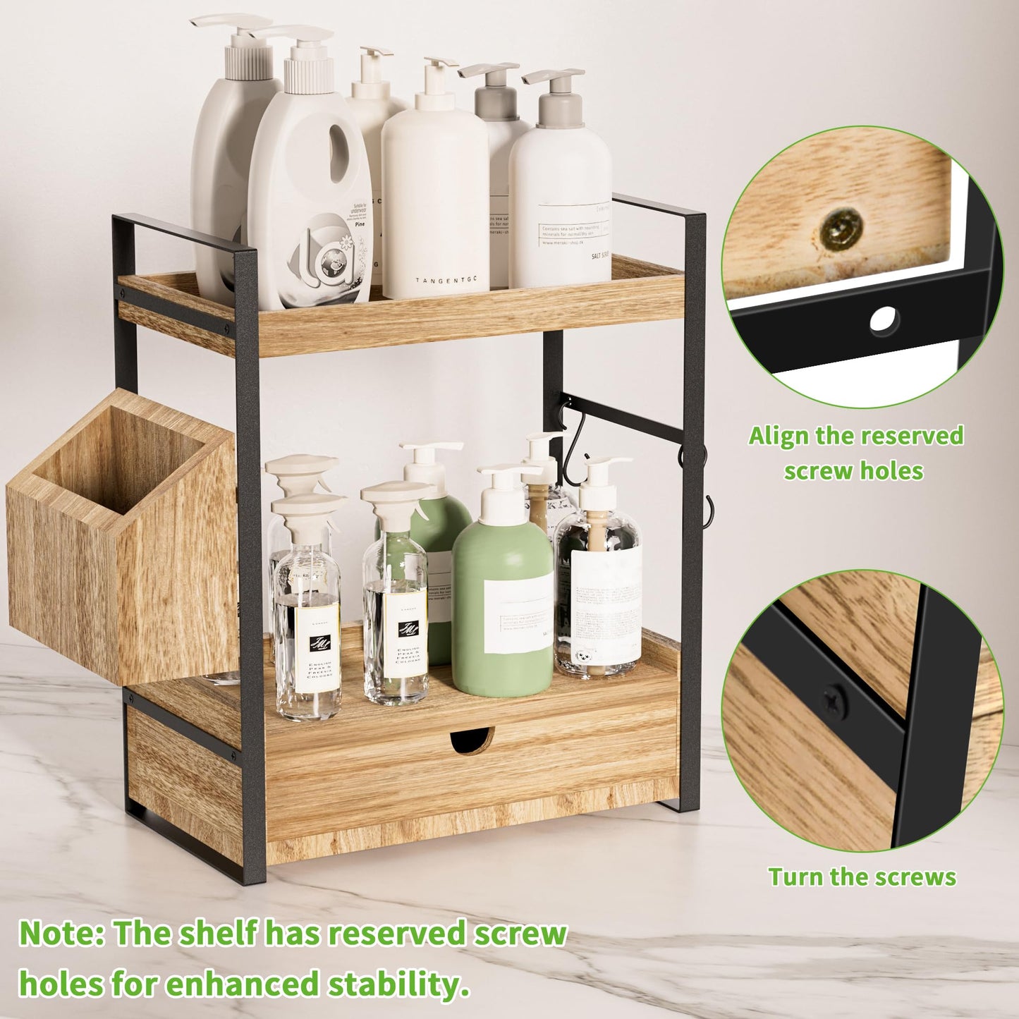 Aollewoiti 2-Tier Bathroom Counter Organizer with Drawer and Basket, Wood Countertop Organizer for Storage, Skincare Organizers for Vanity, Counter Shelf for Bathroom Organization