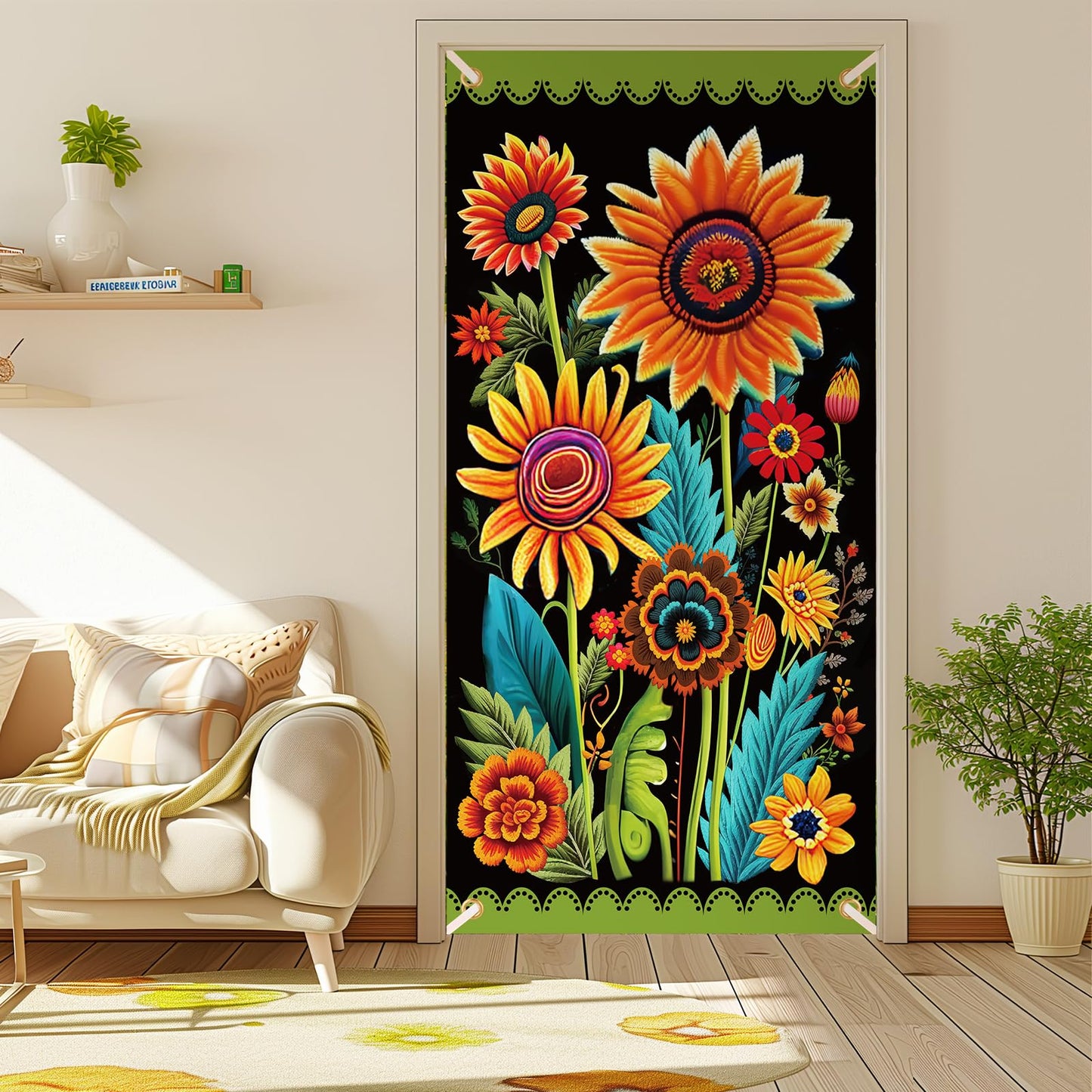 Spring Sunflower Door Banner - Black, Seasonal, Porch, Front Door Cover Background for Autumn, Fall, Outdoor, Home, Garden, Holiday