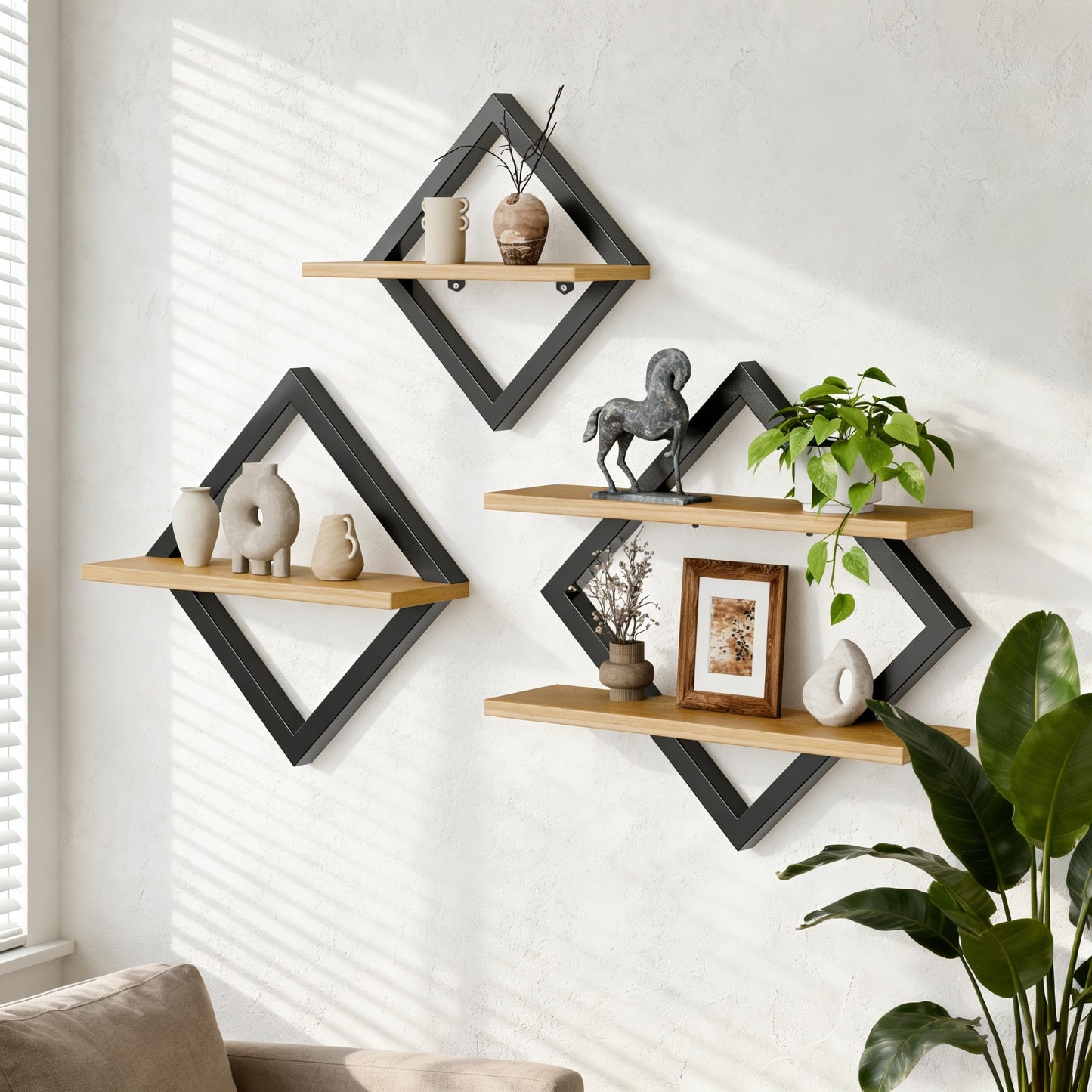 GYJZIFW Floating Shelves Set of 3-2-Tier Hanging Wall Mounted Shelves, Decorative Storage Shelf for Living Room, Bedroom, Bathroom & Kitchen, Rustic Brown (3)