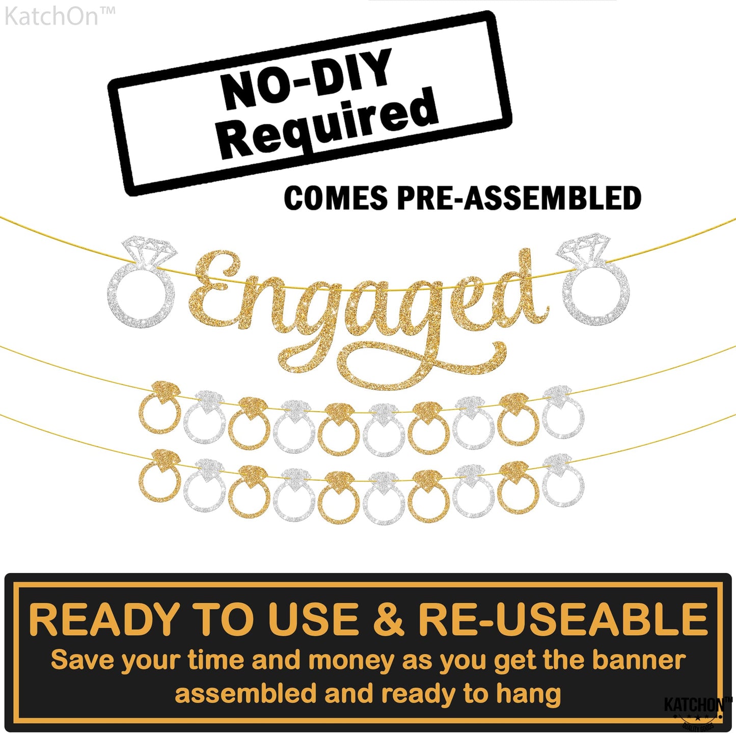 KatchOn, Pre-Strung Gold and Silver Glitter Engaged Banner - 2 String, 10 Feet, No DIY | Engagement Party Decorations | Banner for Bachelorette Party Decorations, Engagement Decorations, She Said Yes Decorations