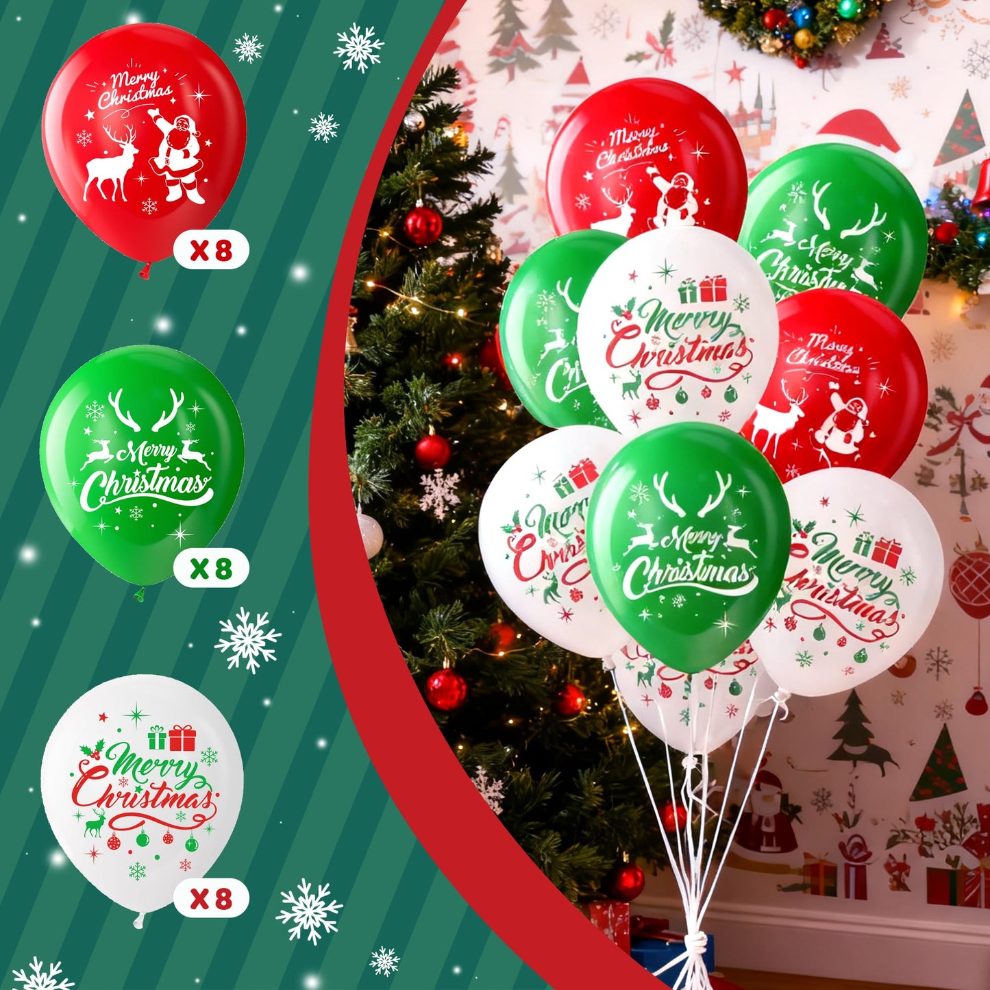 Christmas Party Supplies Decorations Set, Merry Christmas Banner, Foil Balloons, Hanging Swirls, Red and Green Metallic Fringe Curtains, Circle Dots Garland
