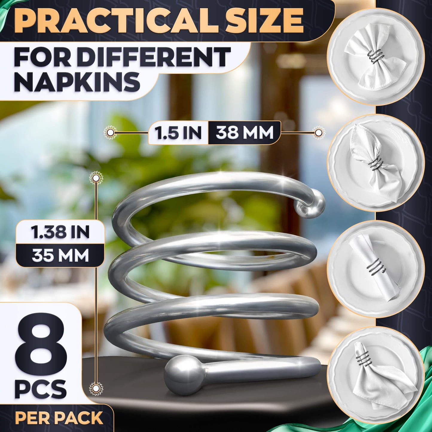 Silver Napkin Rings Set of 8 – Elegant Napkin Ring Holders, Sturdy Metal Holiday Table Decor for Weddings, Parties and Family Dinners, Great Kitchen Gifts Idea, Graduation Table Decorations for Events