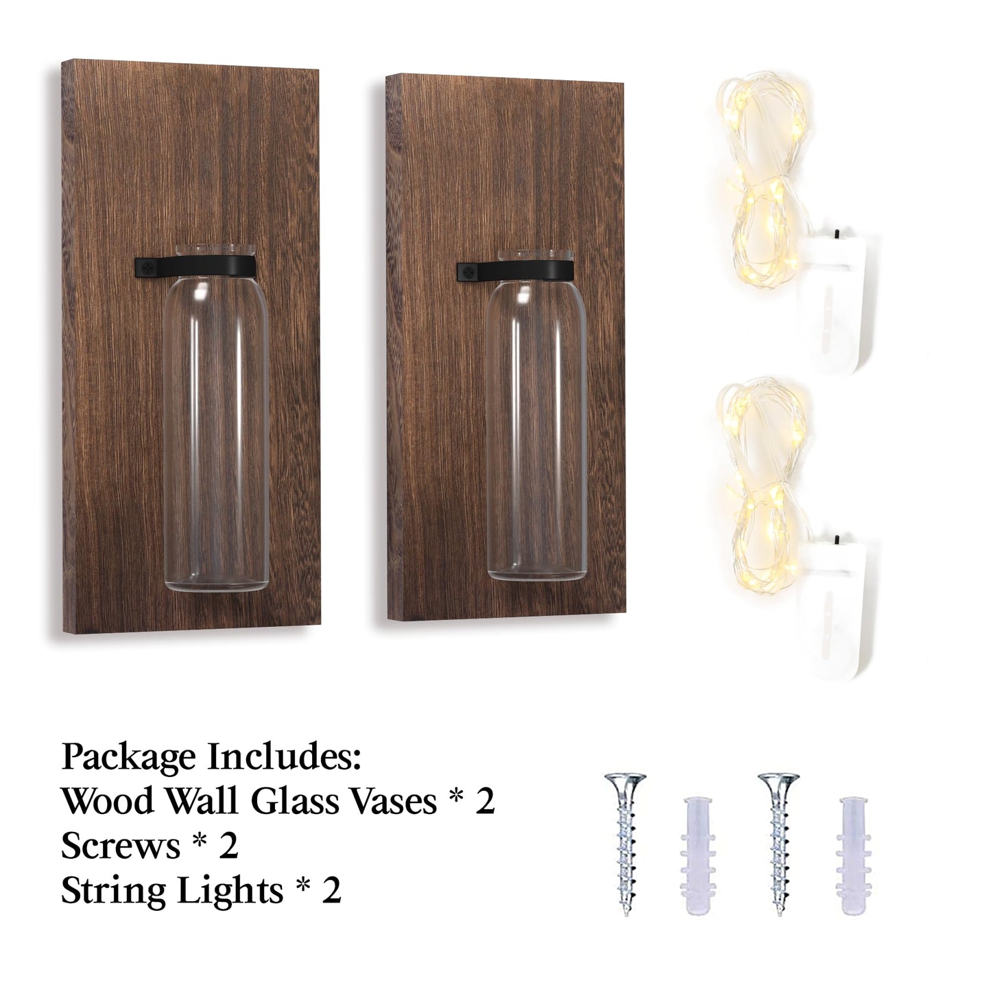 Heiple 2 Pack Wood Glass Wall Sconces, Farmhouse Planters for Indoor Plants, Rustic Decor for Living Room, Hanging Vase (Brown)