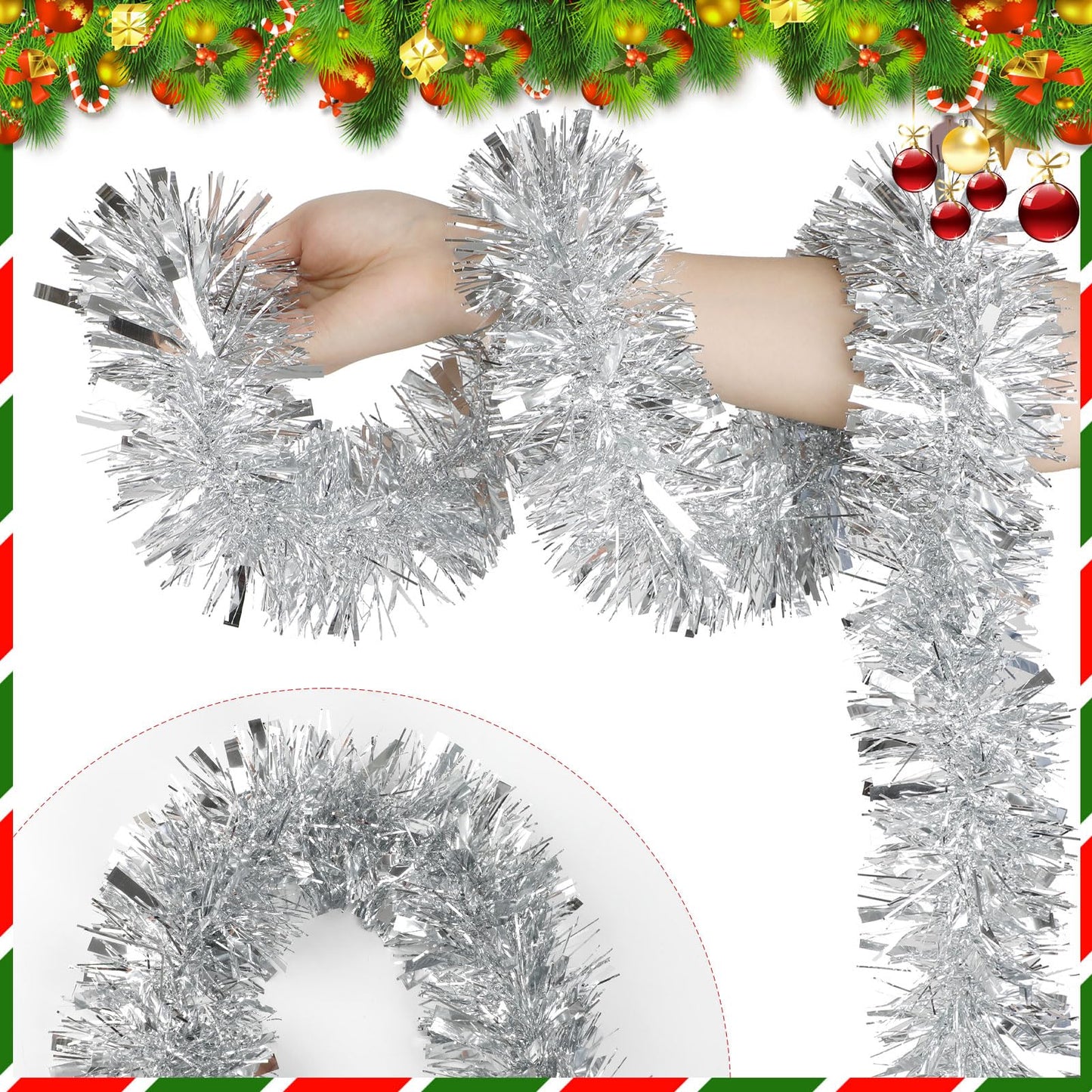 CCINEE Christmas Tinsel Garland, 50 Feet Silver Metallic Foil Hanging Tinsel Twist Garland for Xmas Tree Home Mantle Stair Fireplace Holiday Party Indoor Outdoor Christmas Decoration