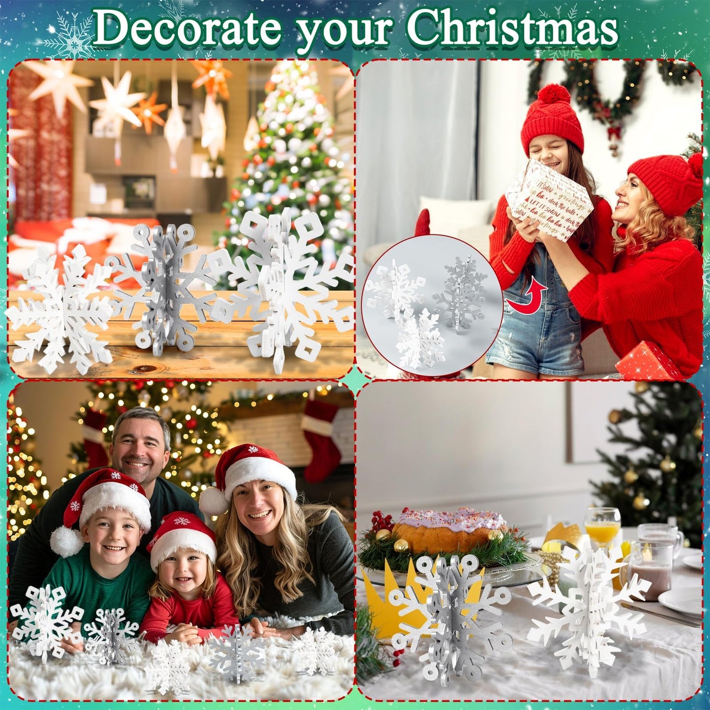 OuMuaMua Winter Christmas Centerpiece Table Decorations - 12pcs Wooden Snowflakes Decor 3D Silver White Snowflake Tabletop Decor for Xmas Holiday Tiered Tray Winter Farmhouse Decor