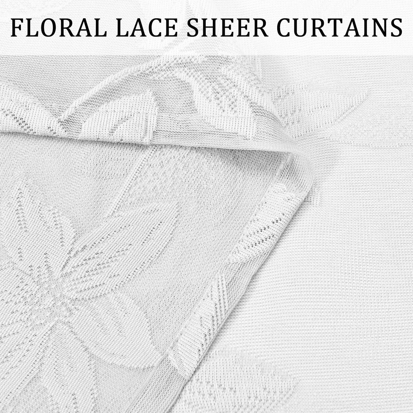 DWCN White Floral Lace Sheer Curtains - Rod Pocket Window Voile Sheer Drapes for Bedroom Kitchen Short Curtains 52 x 45 inch Length, Set of 2 Curtain Panels