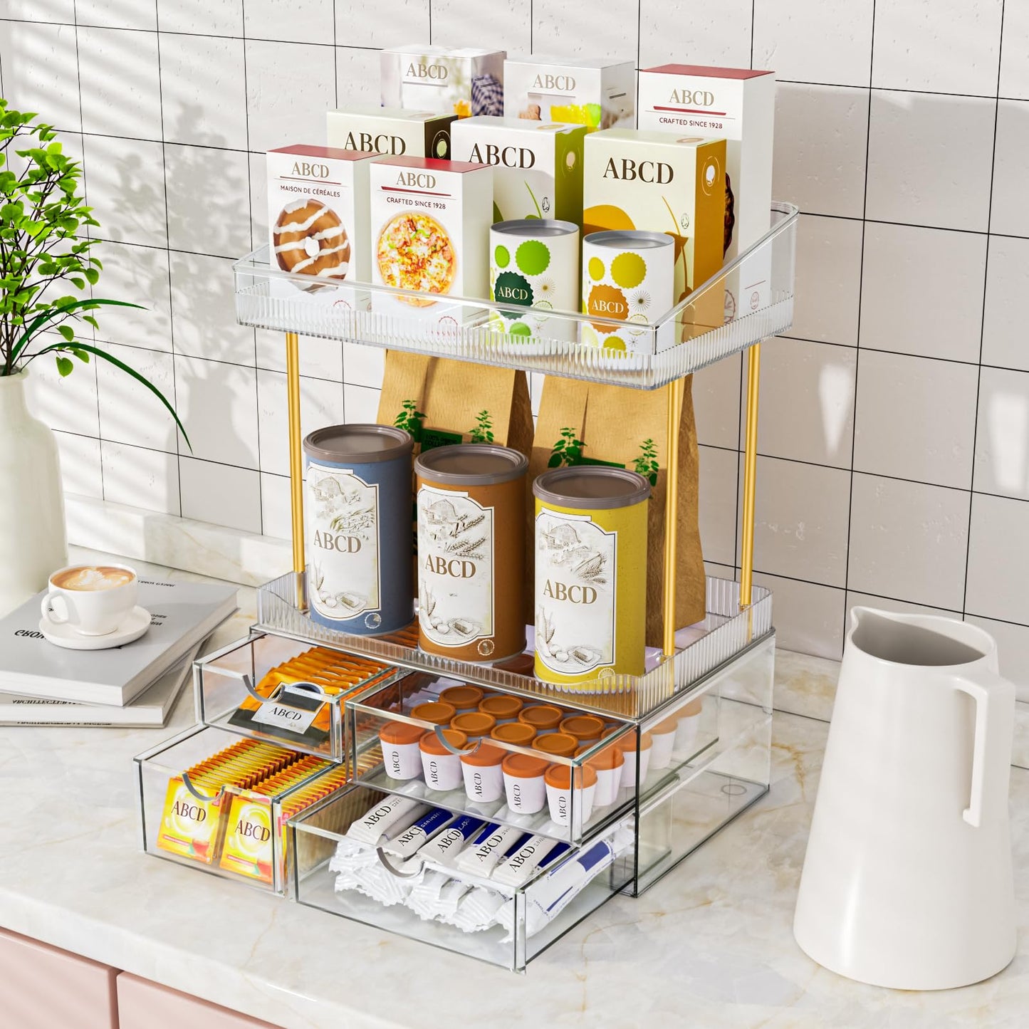 SNSLXH Makeup Organizer Bathroom Storage- 4 Tier 4 Drawer Makeup Storage, Transparent Clear Cosmetics Organiser, Ideal for Cosmetic Perfume Skincare, for Countertop, Bathroom, Office Supplies, Dresser