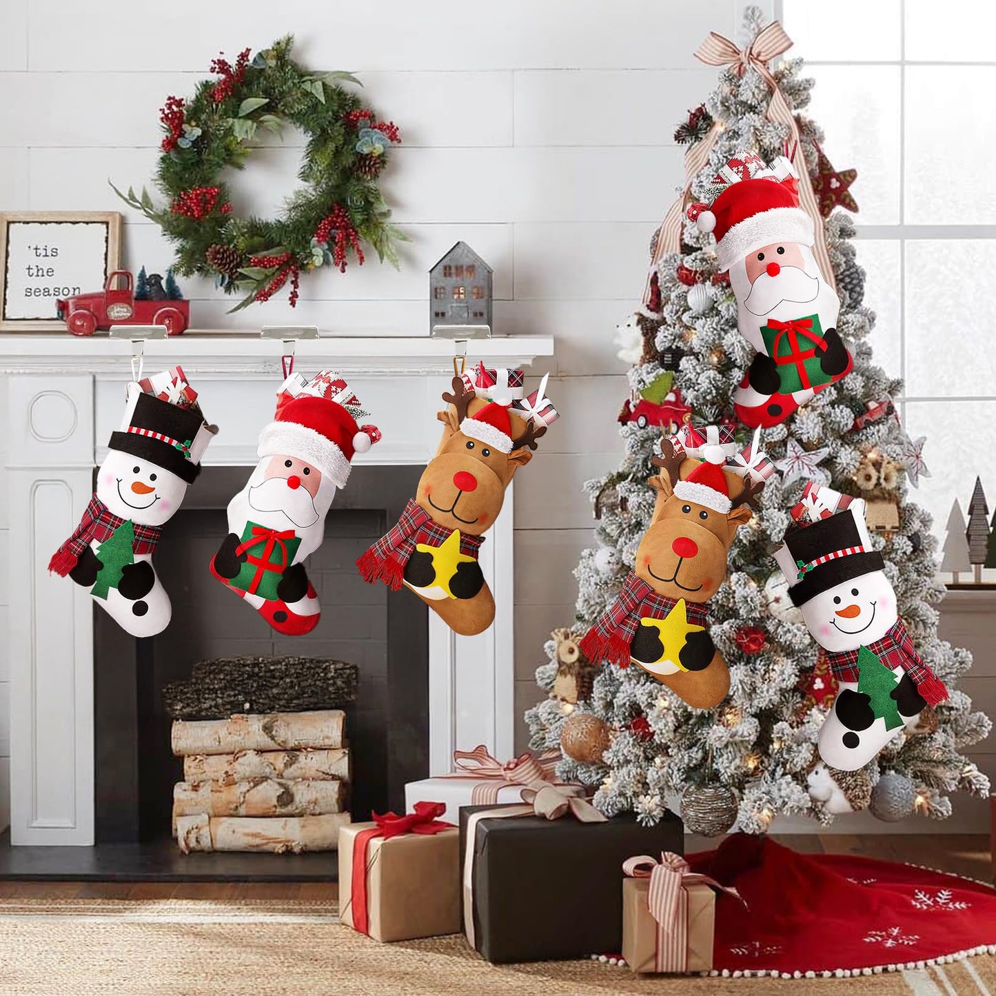 EverMerry 3 PCS 18" Christmas Stocking, Large Xmas Christmas Stockings Santa, Snowman, Reindeer Character for Holiday Party Fireplace Home Decorations