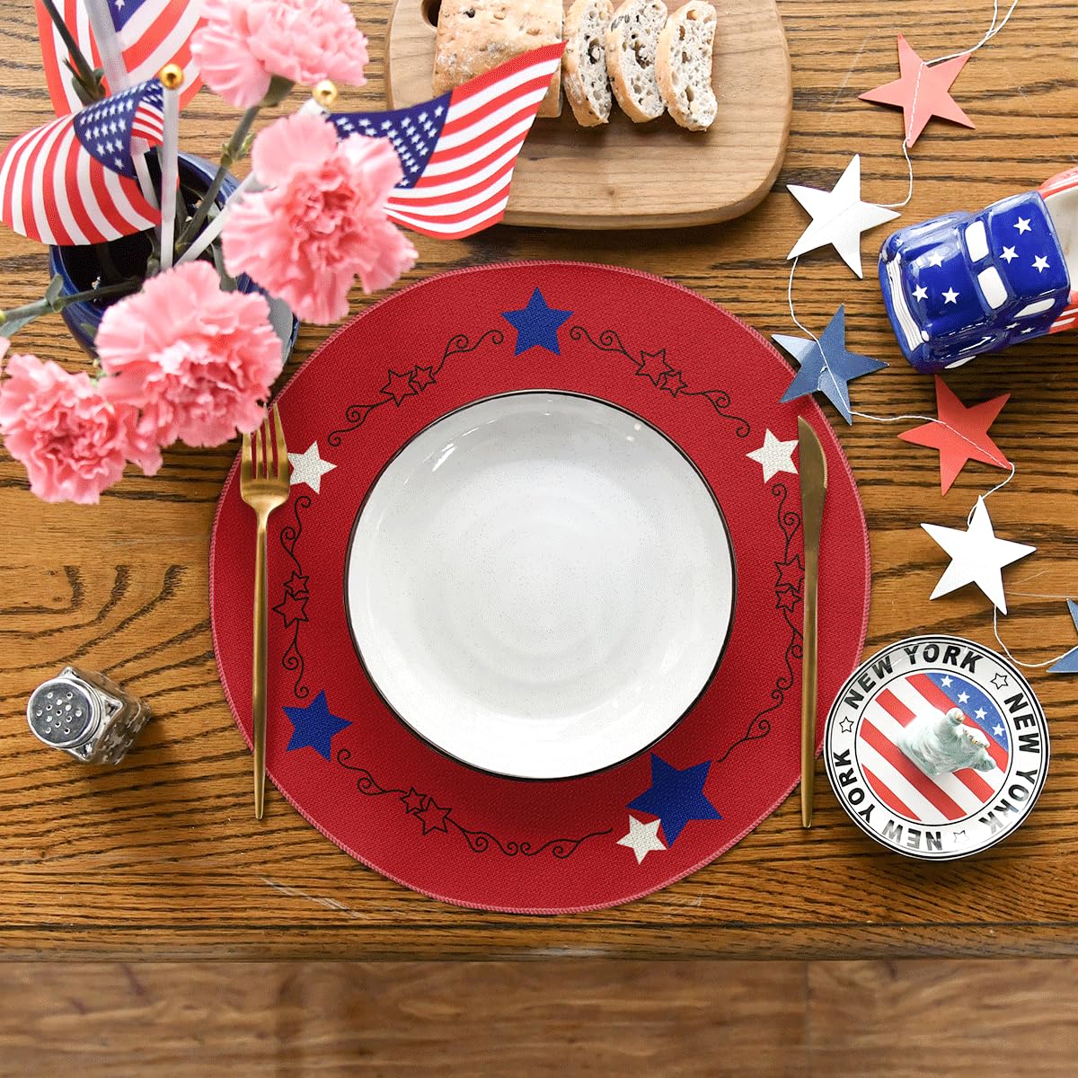 Artoid Mode Red Stars Border 4th of July Round Placemats Set of 4,14 Inch Memorial Day Table Mats for Party Kitchen Dining Decoration