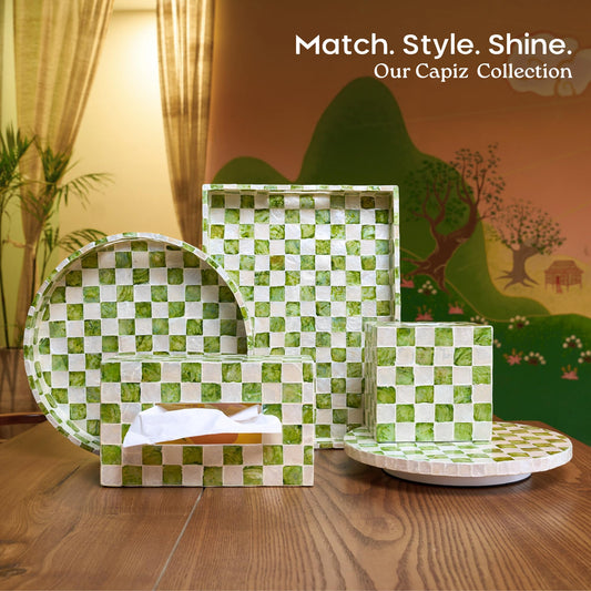 CHI AN HOME 5.7" Square Tissue Box Cover, Handmade Checkered Cube Tissue Box Cover with Capiz Shells, Decorative Tissue Holder for Living Room, Bathroom, Bedroom or Office (Pistachio Green)