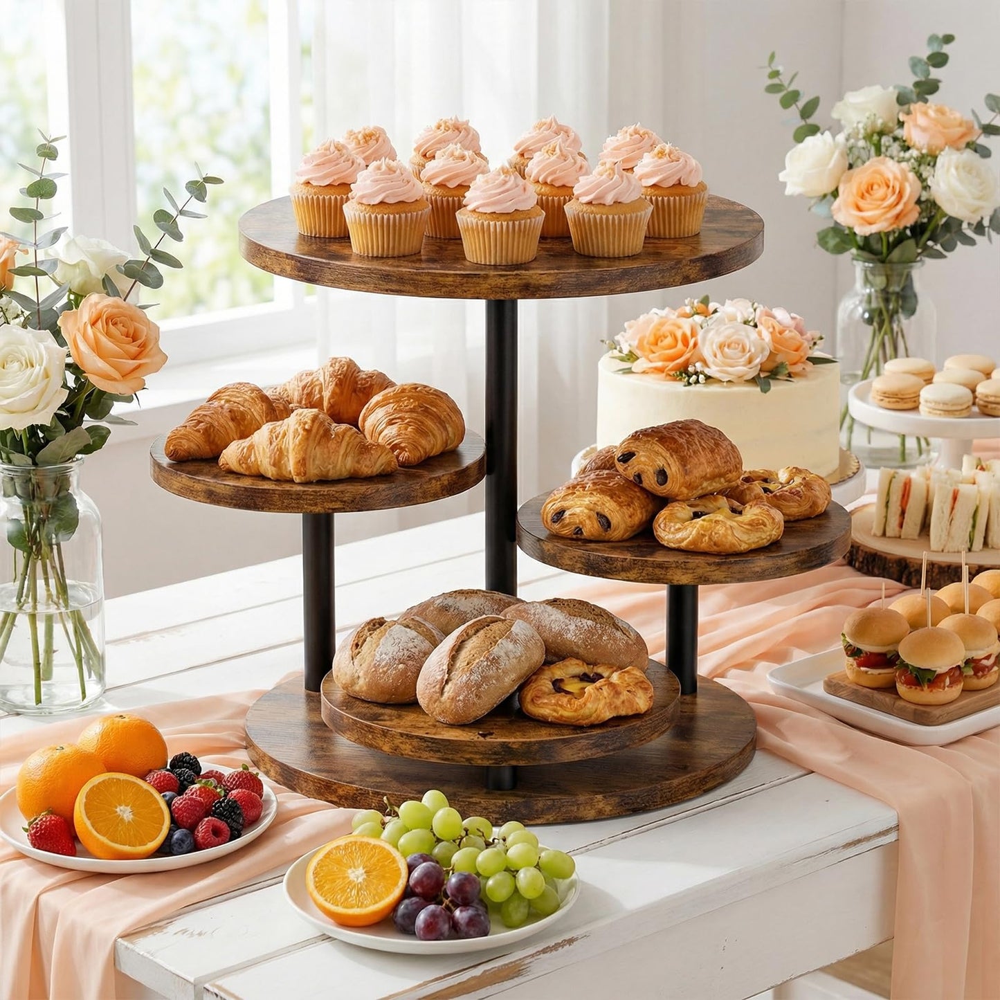 FZGhome Cupcake Stand 4 Tier for 50 Cupcakes Wooden Cake Stand 360°Rotatable Dessert Stands Round Cookie Tiered Tray Stand for Party Birthday Wedding Baby shower Afternoon Tea Dessert Table, Brown