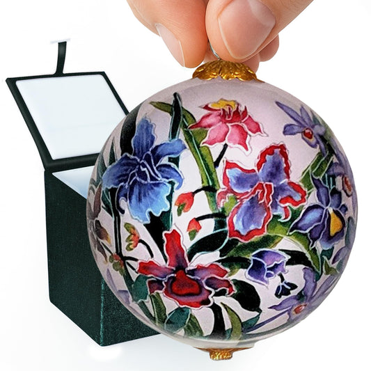 Collectible Hawaiian Orchids Ornament Hand-Painted Glass with Protective Gift Box POR/M