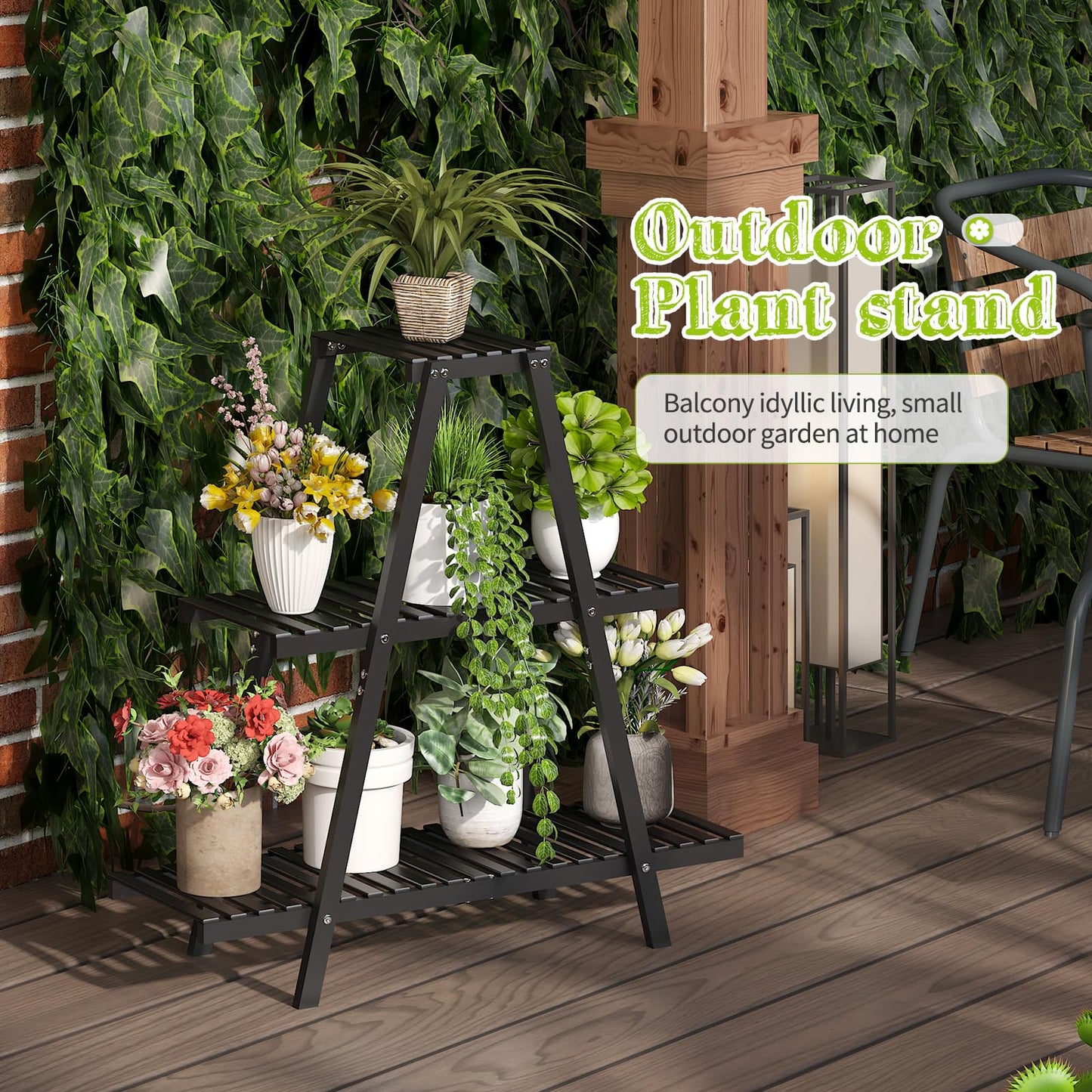BMOSU Plant Stand Bamboo for Indoor Outdoor Tiered Plant Shelf 8 Potted Flower Holder Ladder Rack Garden Balcony Living Room Patio(3 Tier Black)