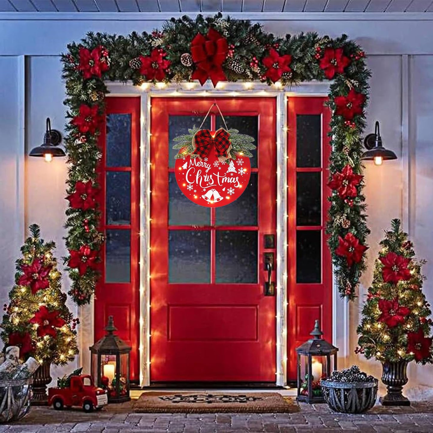 HOMCDALY Merry Christmas Welcome Sign for Front Door, Red X-mas Sign with Light, Holiday Door Decoration Wooden Hanging Sign, Christmas Decoration, Wall Art, Wall Decor(Red)