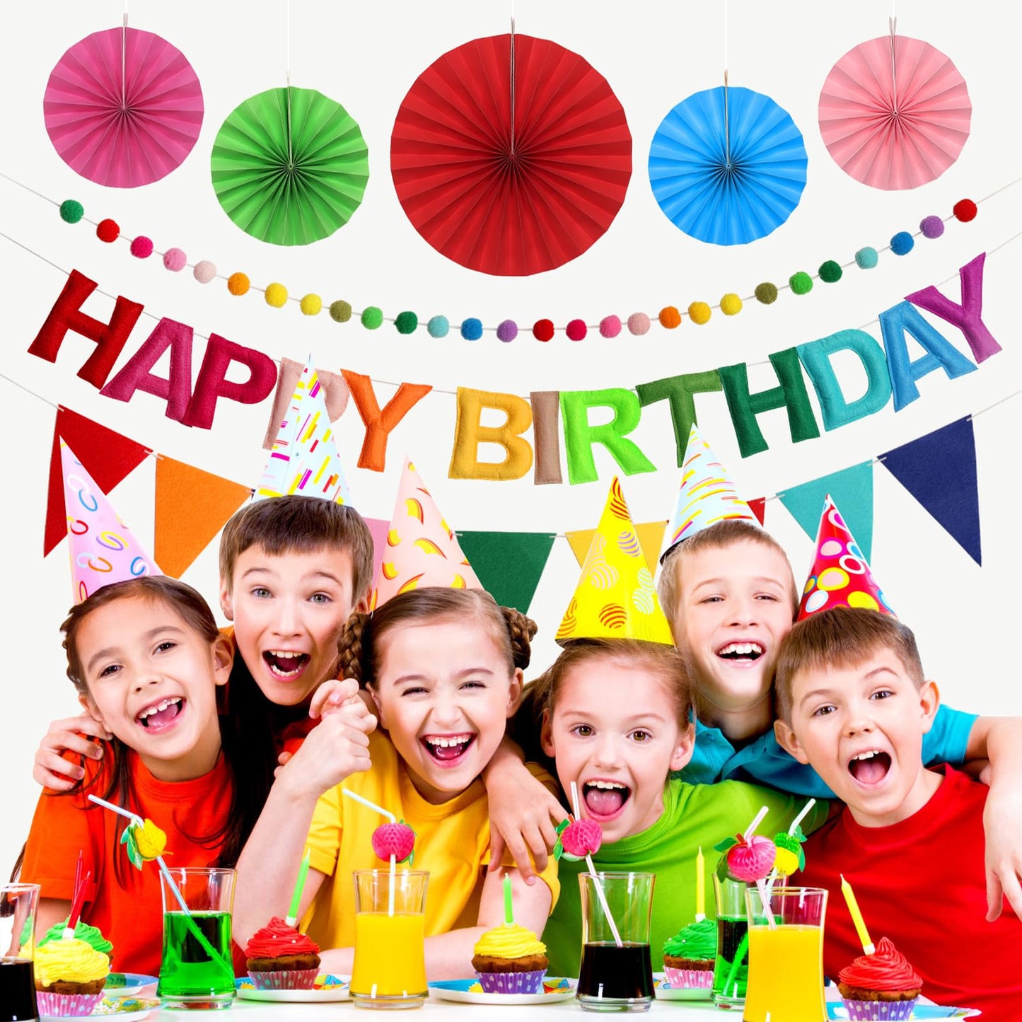 Danadia Pre-Strung Happy Birthday Banner, Reusable Felt Birthday Party Decorations, 3D Effect Happy Birthday Sign with Felt Ball Garland, Pennant Flag, Hanging Paper Fans for Men Women Boy Girls (Rainbow)