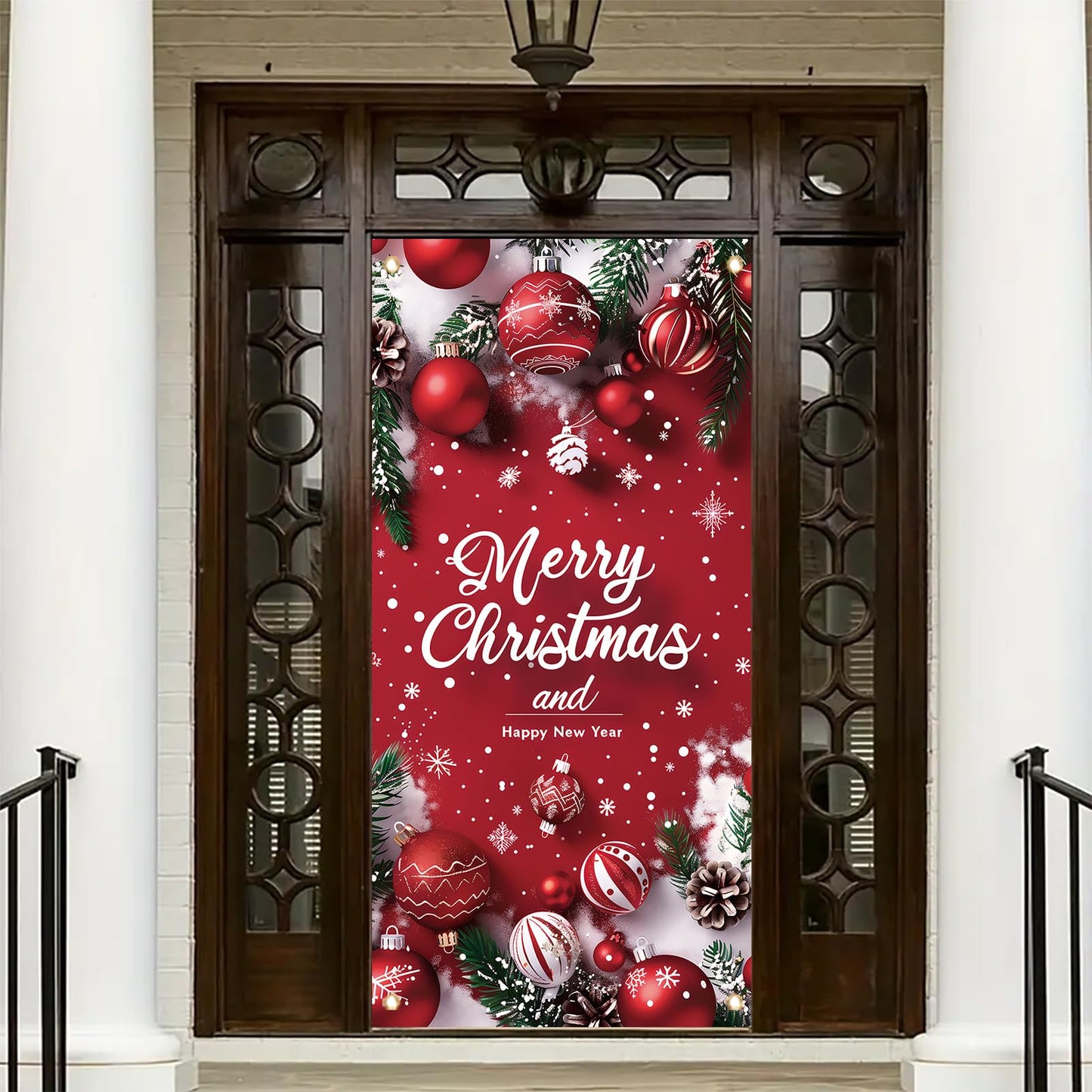 Saoplasa Merry Christmas Door Banner Happy New Year 35x71 Inch Red Christmas Front Door Cover with Snowflakes and Lettering for Xmas Winter Seasonal Holiday Party Porch Wall Hanging New Year Entryway Decoration