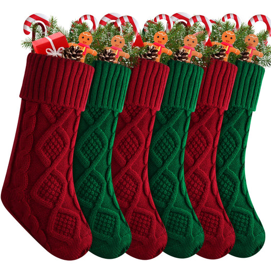 M&C Music Color Christmas Stockings, Personalized Christmas Stockings 18" Large Cable Knitted Stocking Decorations for Family Holiday Xmas Party Stocking Gifts (Size: Length 18", Red, Green, Pack 6)