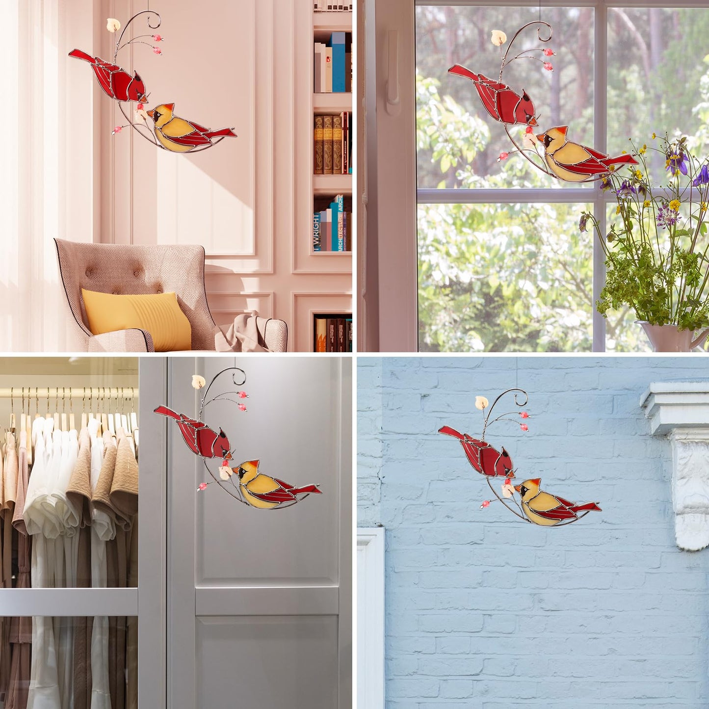 Handmade Cardinal Stained Glass Suncatchers Window Hanging Ornament for Christmas,Memorial Gifts for Women,Red Birds Sun Catcher Decora,Bird Lover Gifts,Real Glass Unique Design