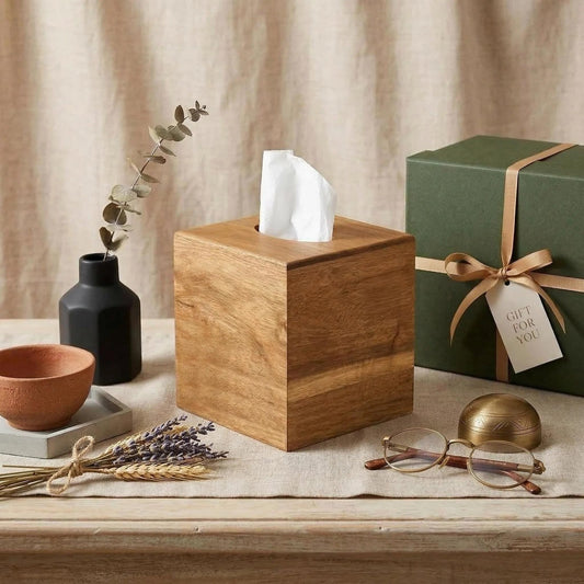 Chicvilla Tissue Box Cover Square, Acacia Wood Tissue Box Holder with Slide-Out Bottom, Wooden Tissue Box Cover Cube for Bathroom, Bedroom, Dinner Table, 5.5 x 5.5 x 6.1 inches