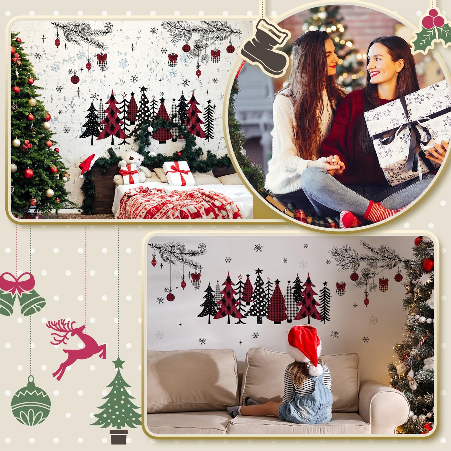 Qeeenar 3 Sheets Christmas Wall Decals Christmas Window Cling Sticker DIY Xmas Tree Stickers Removable Wall Stickers for Winter Living Room Xmas Holiday Decoration(Cute Style)