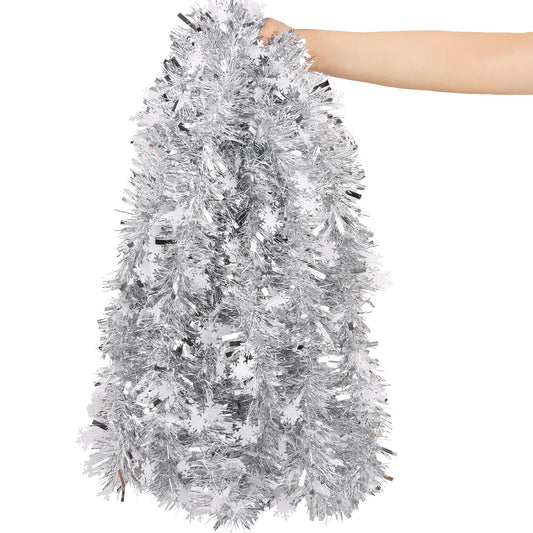 FOIMAS 33 Feet Christmas Tinsel Garland, Metallic Silver Christmas Snowflake Hanging Garland for Xmas Tree Fireplace Home Decoration (Silver)